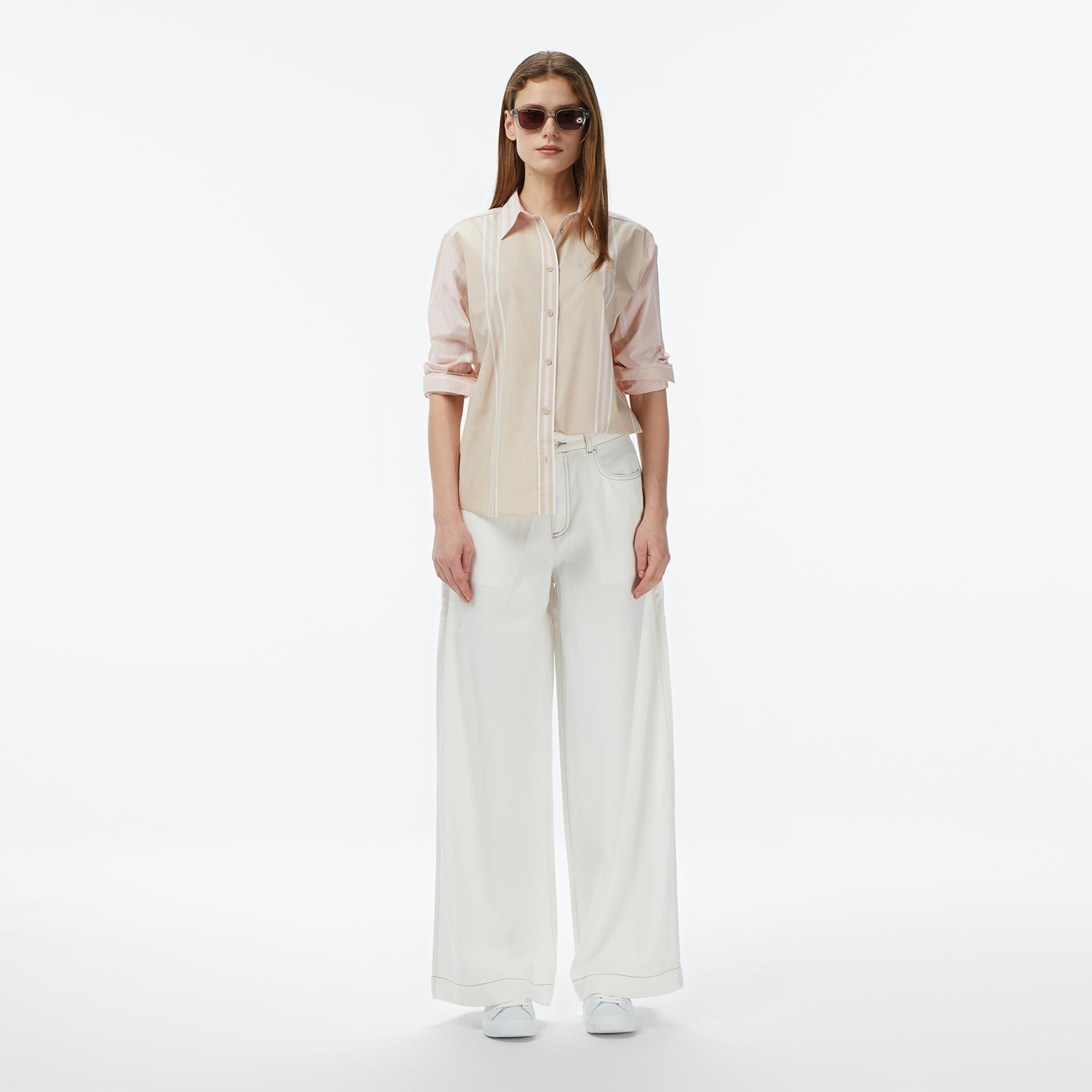 Lacoste Kadın Regular Fit Renk Bloklu Bej Gömlek