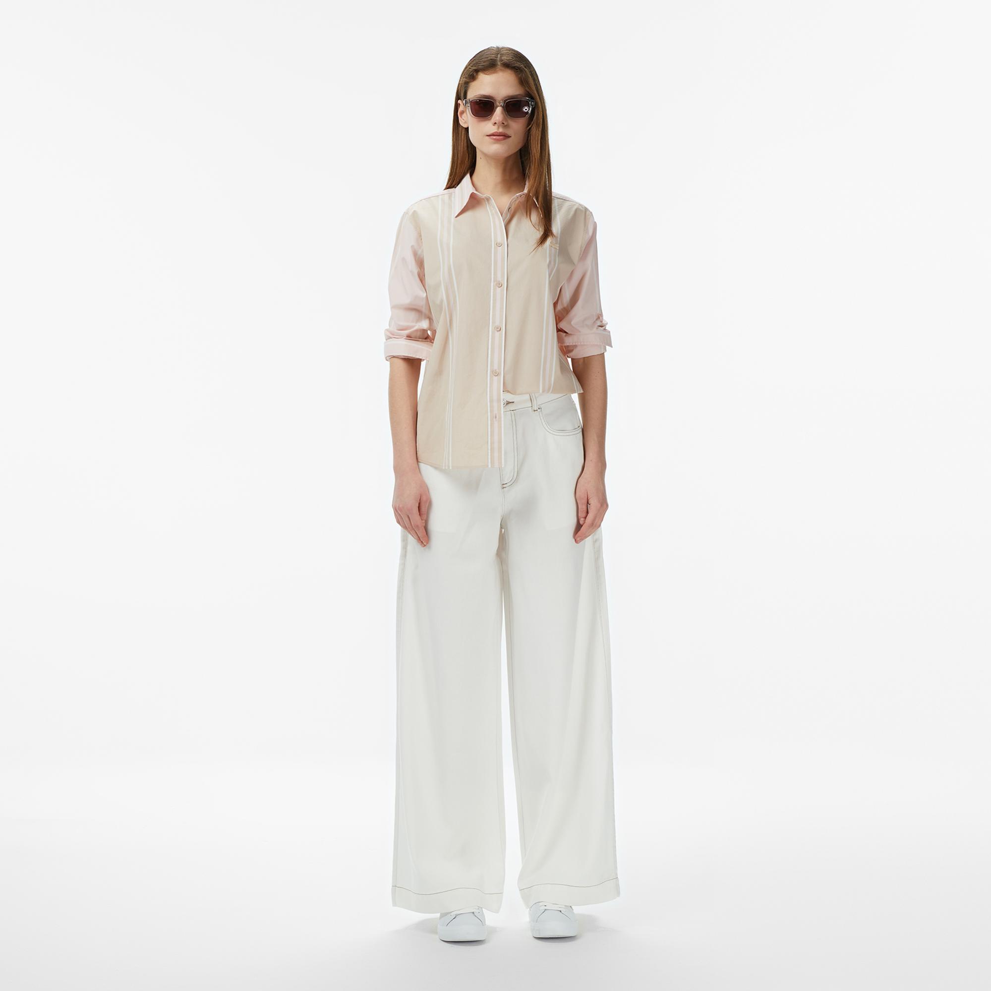 Lacoste Kadın Regular Fit Renk Bloklu Bej Gömlek