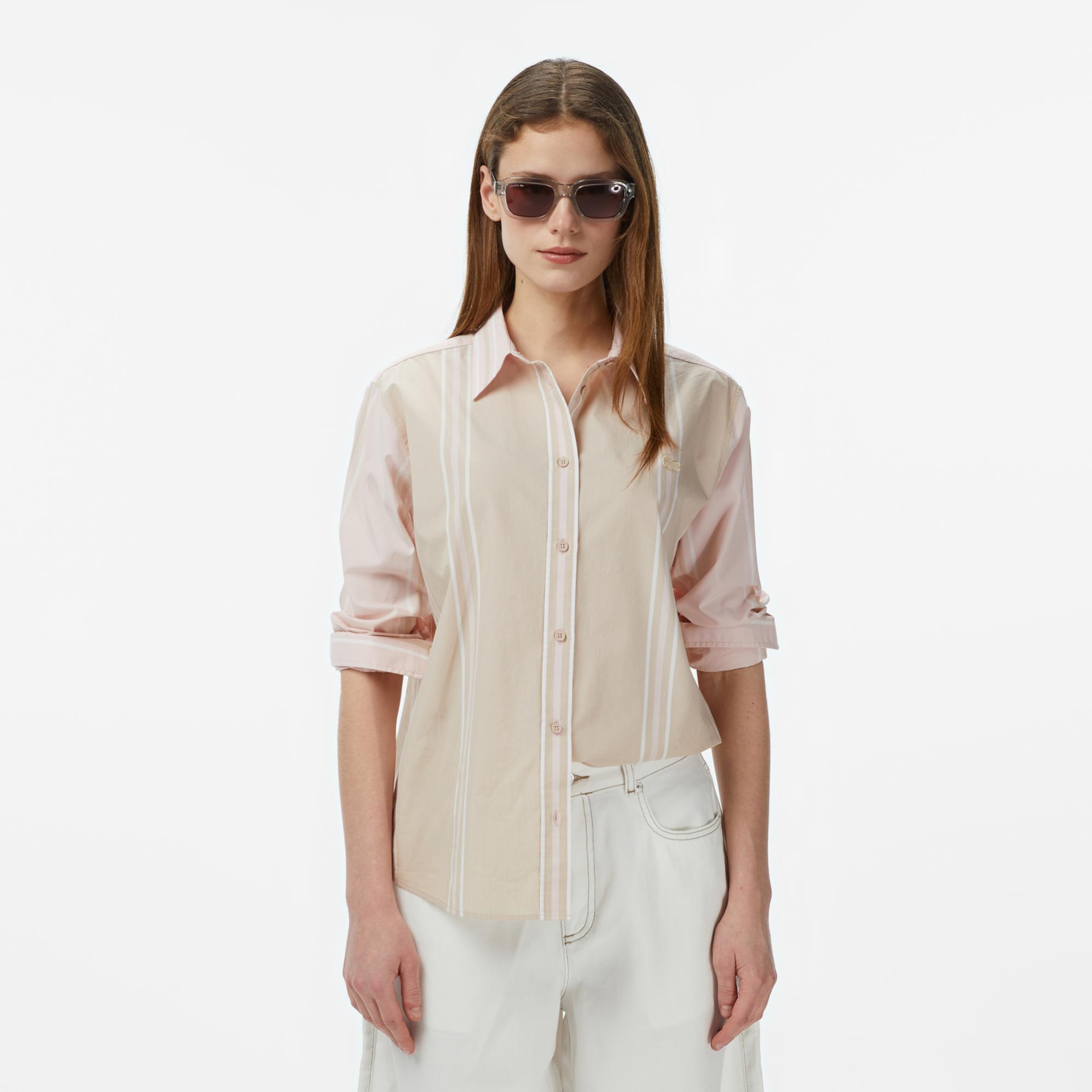 Lacoste Kadın Regular Fit Renk Bloklu Bej Gömlek