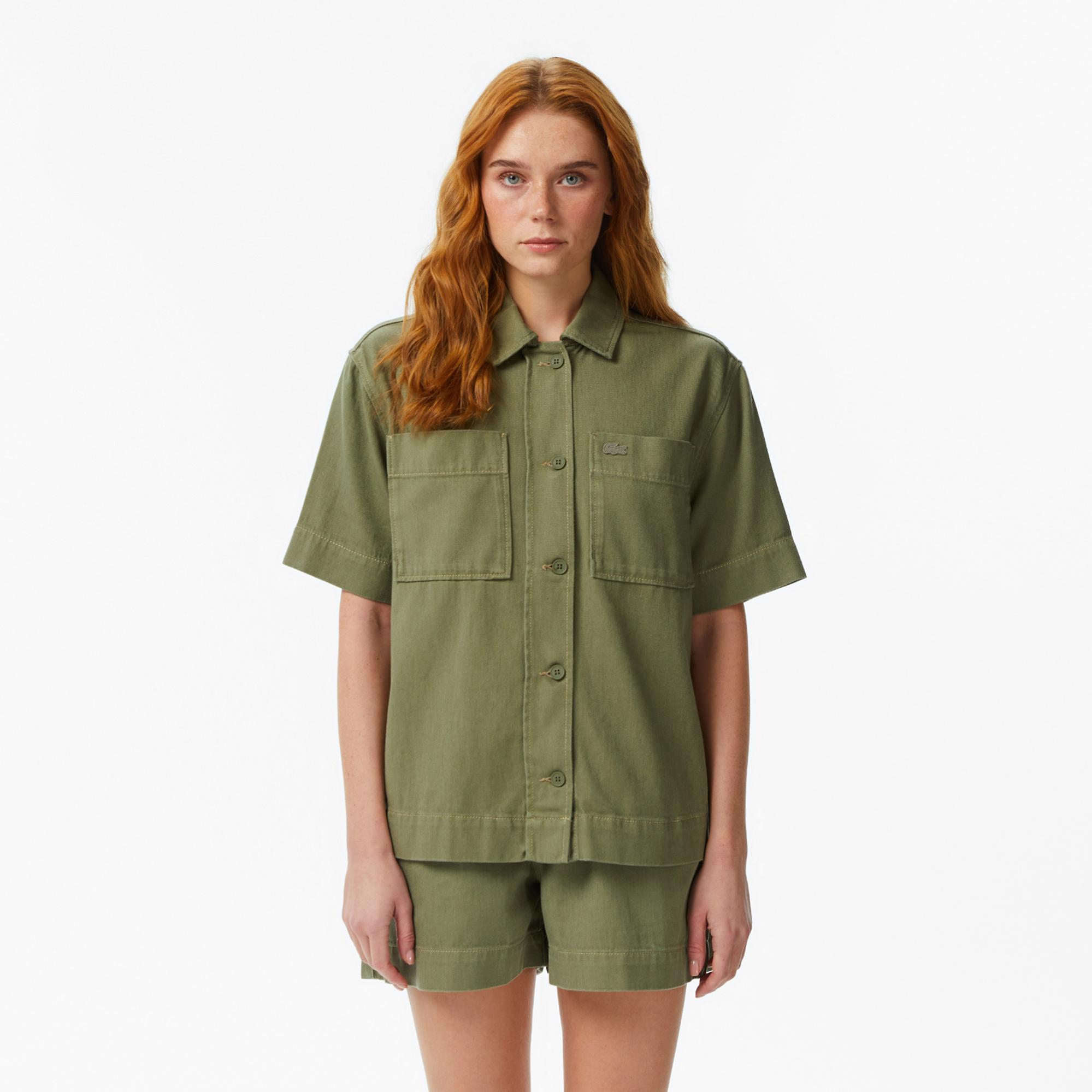 Lacoste Kadın Regular Fit Kısa Kollu Düğmeli Yaka Haki Gömlek