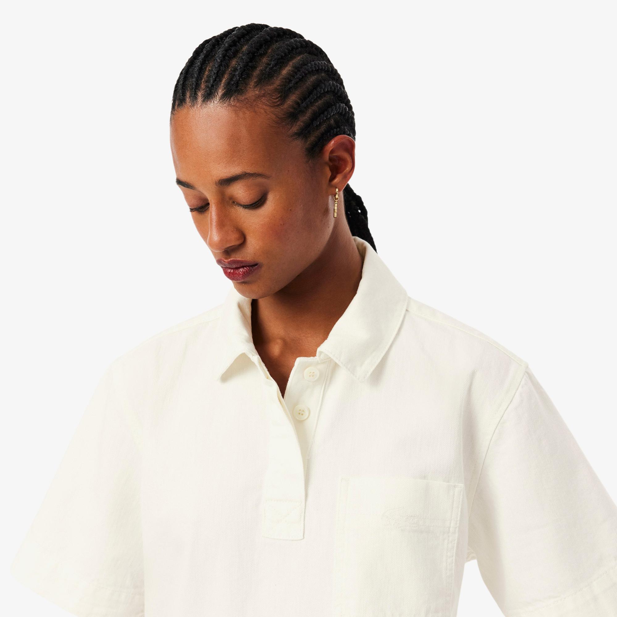 Lacoste Kadın Oversize Fit Kısa Kollu Polo Yaka Denim Beyaz Gömlek