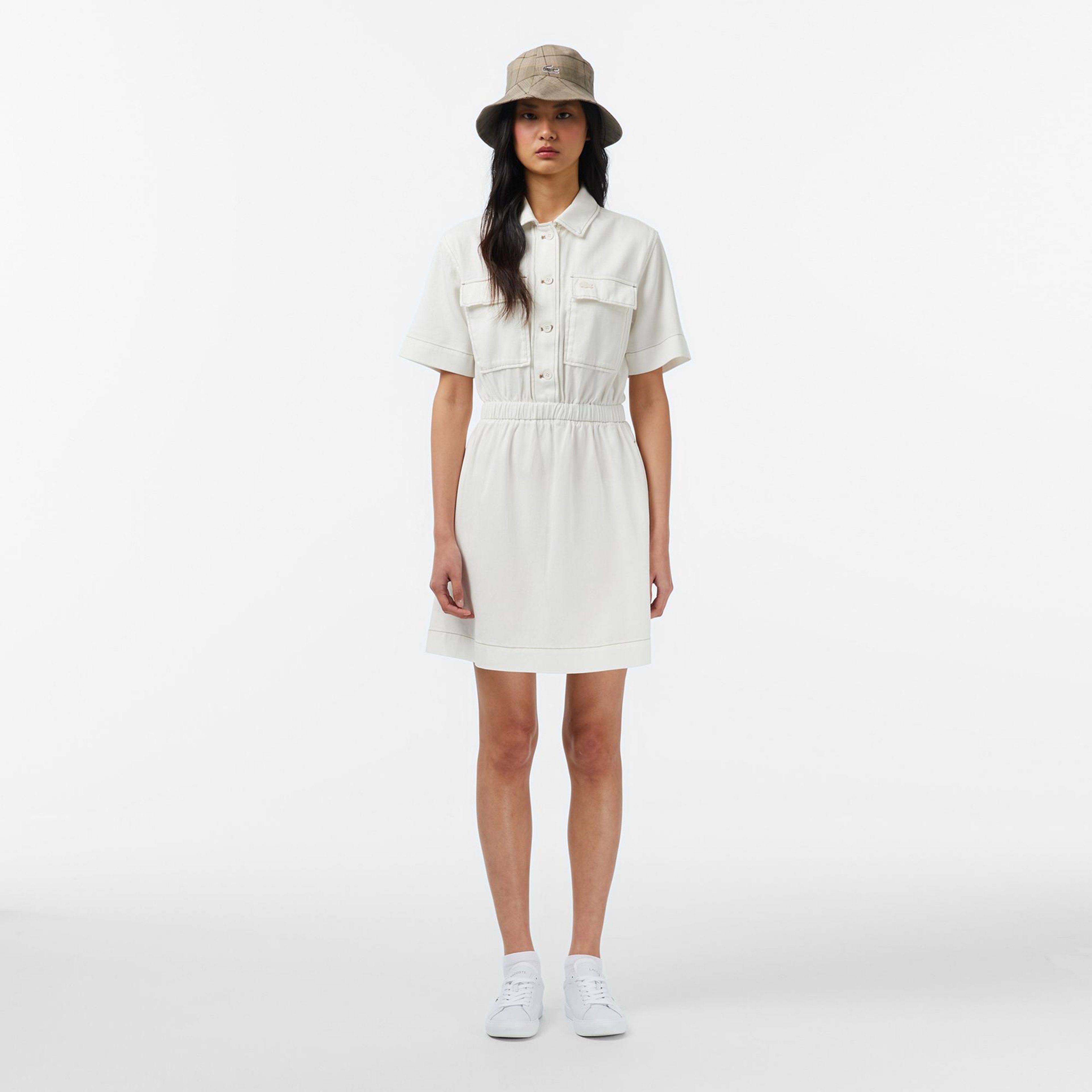 Lacoste Kadın Flare Fit Kısa Kollu Krem Elbise