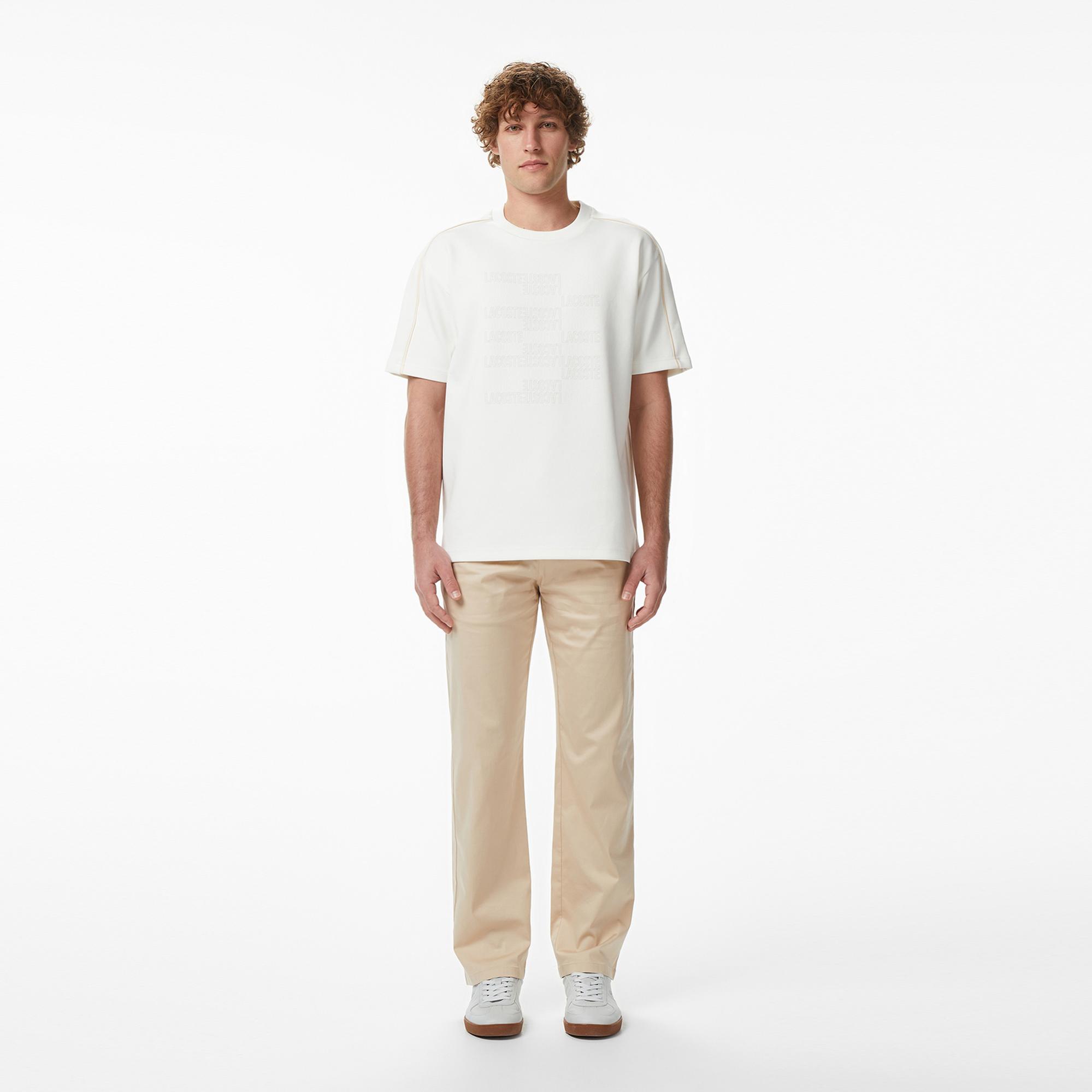 Lacoste Erkek Relaxed Fit Bisiklet Yaka Baskılı Krem T-Shirt