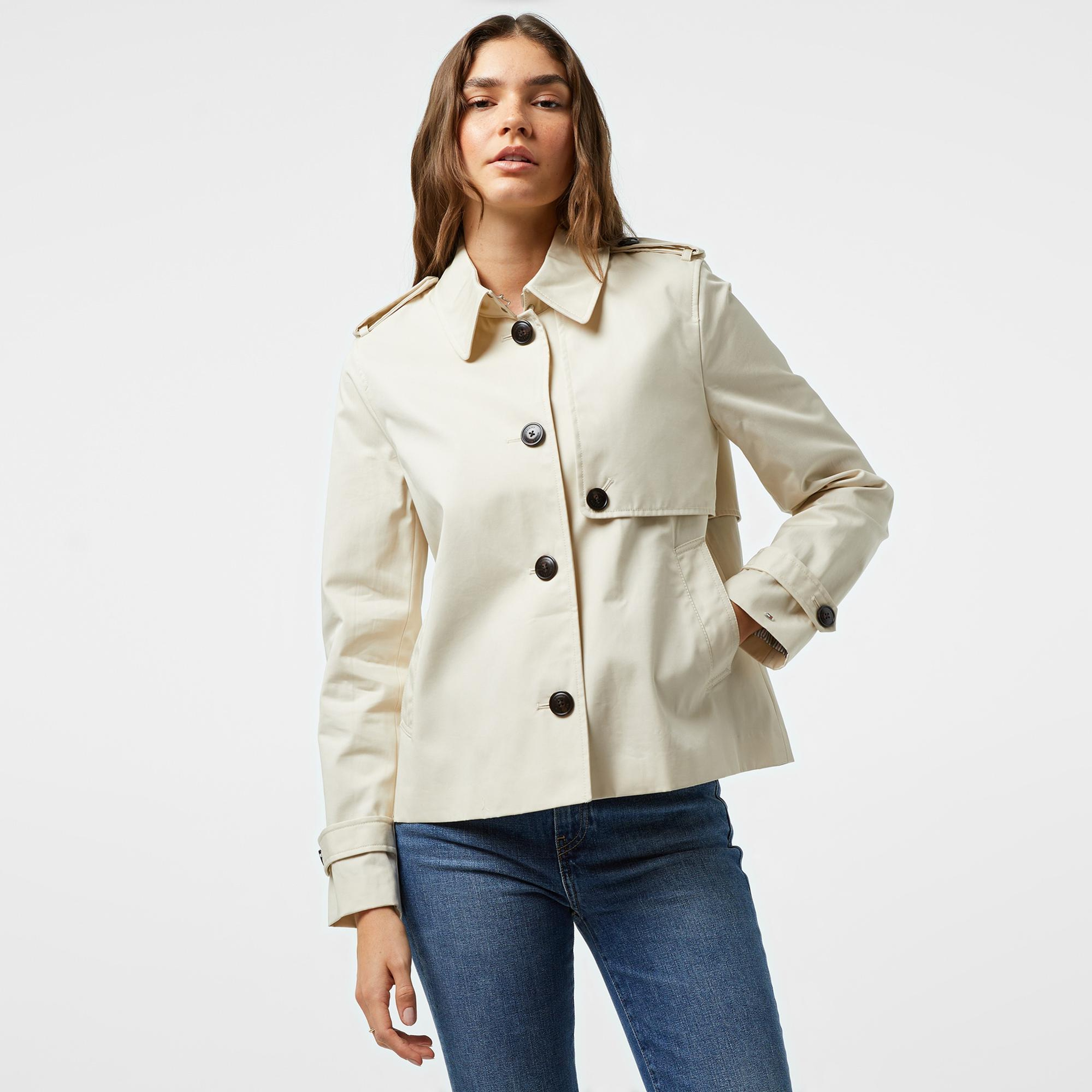 Tommy Hilfiger Cotton Short Trench Kadın Bej Ceket