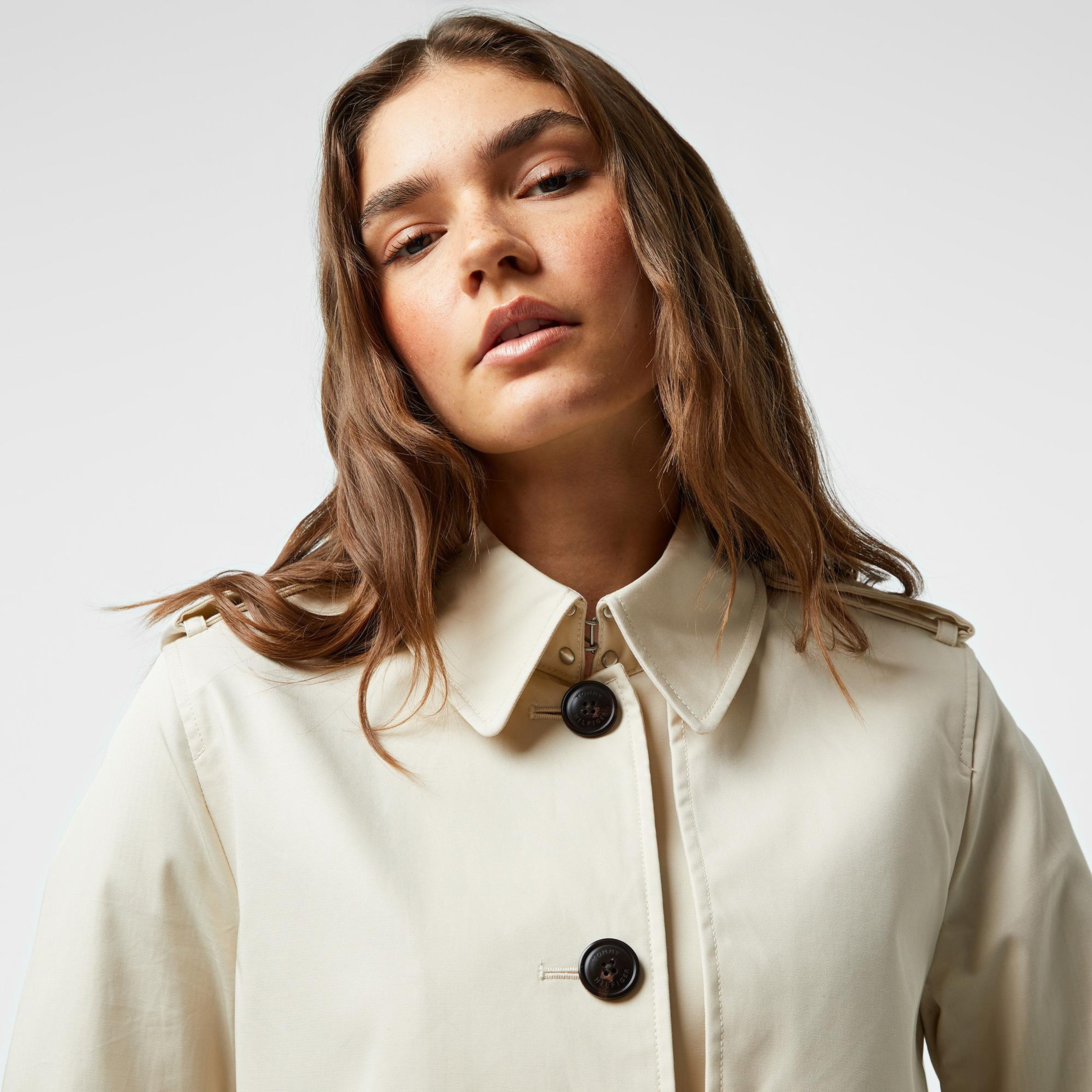 Tommy Hilfiger Cotton Short Trench Kadın Bej Ceket