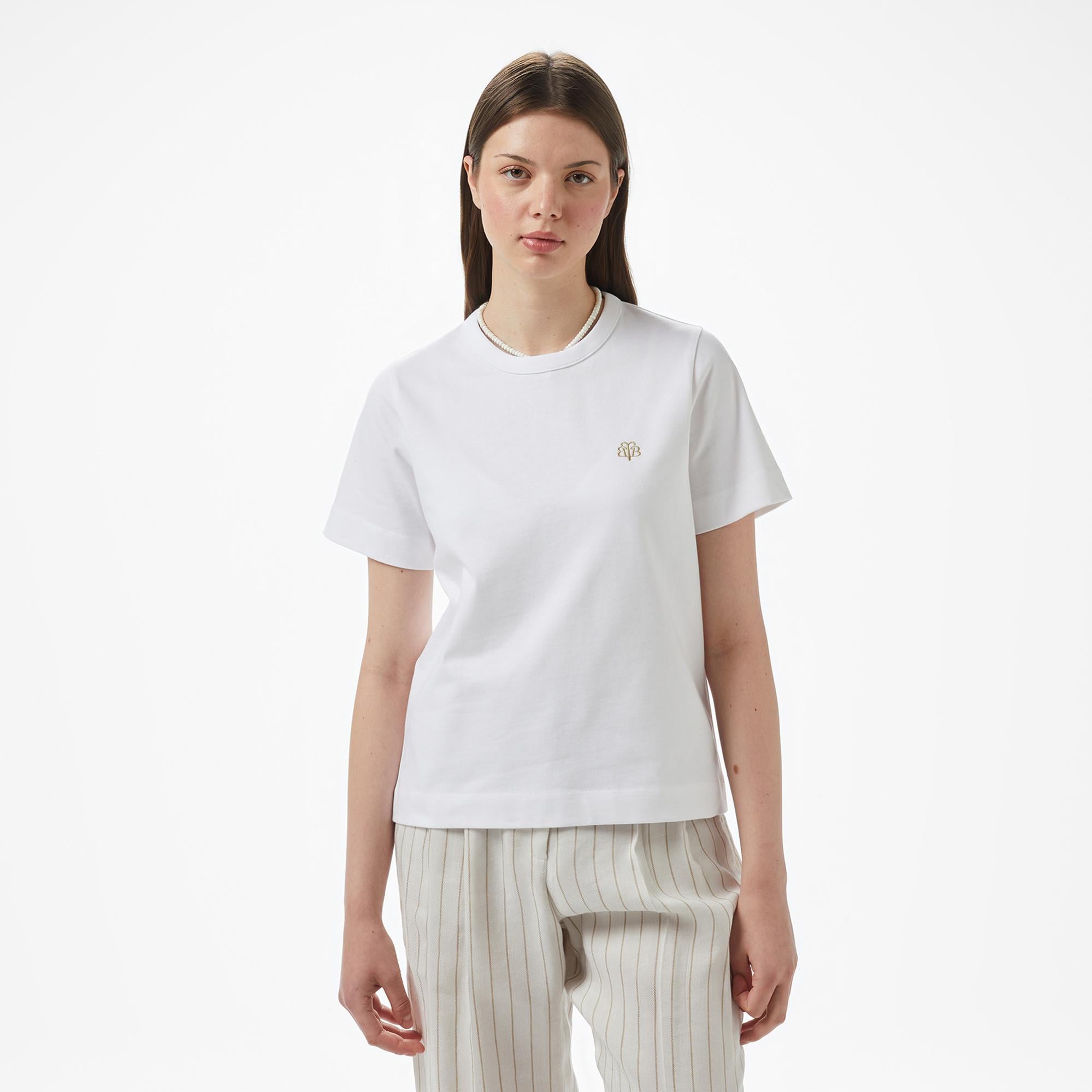 Brooks Brothers Bisiklet Yaka Arkası Fermuarlı Kadın Beyaz T-Shirt