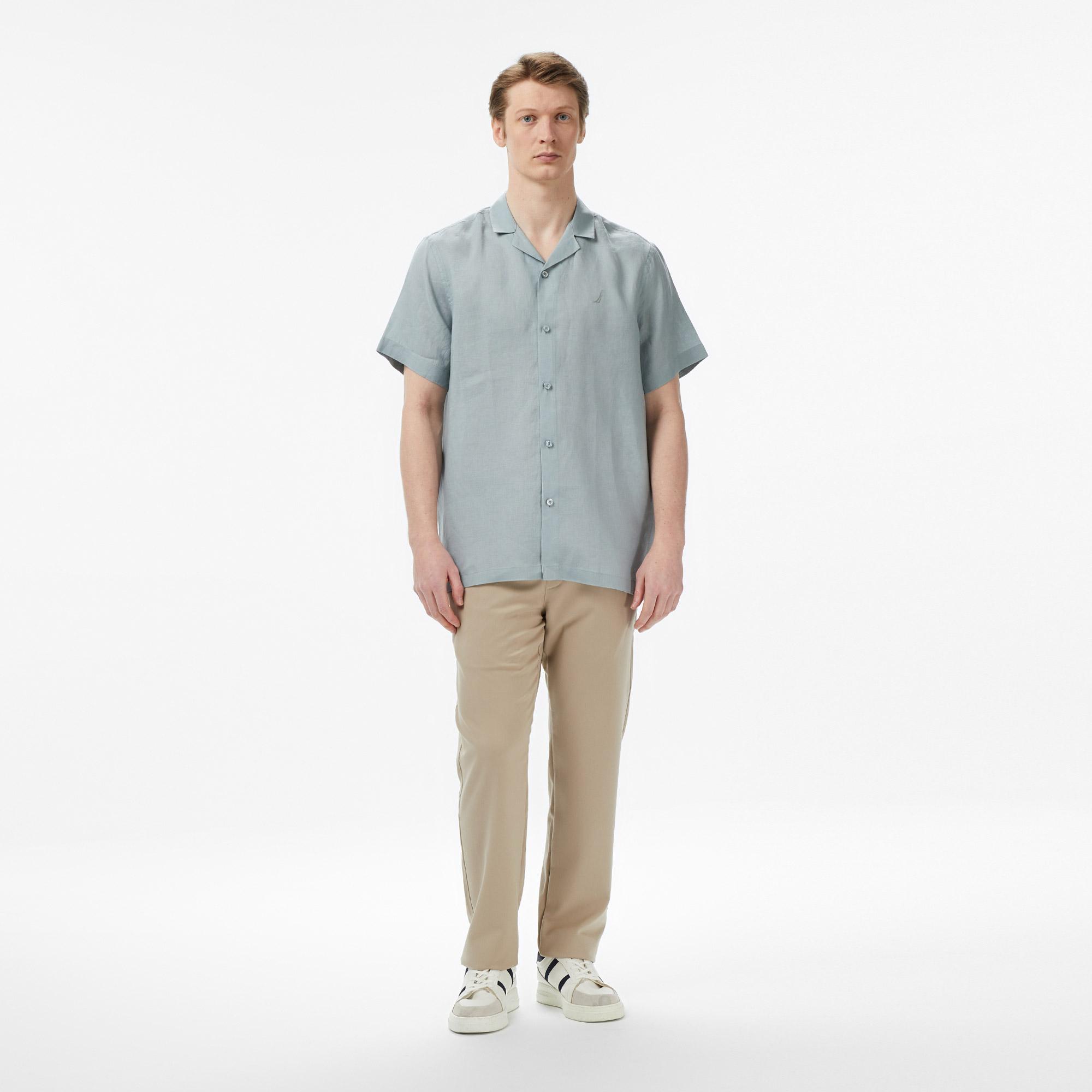 Nautica Erkek Yeşil Regular Fit Kısa Kollu Keten Gömlek