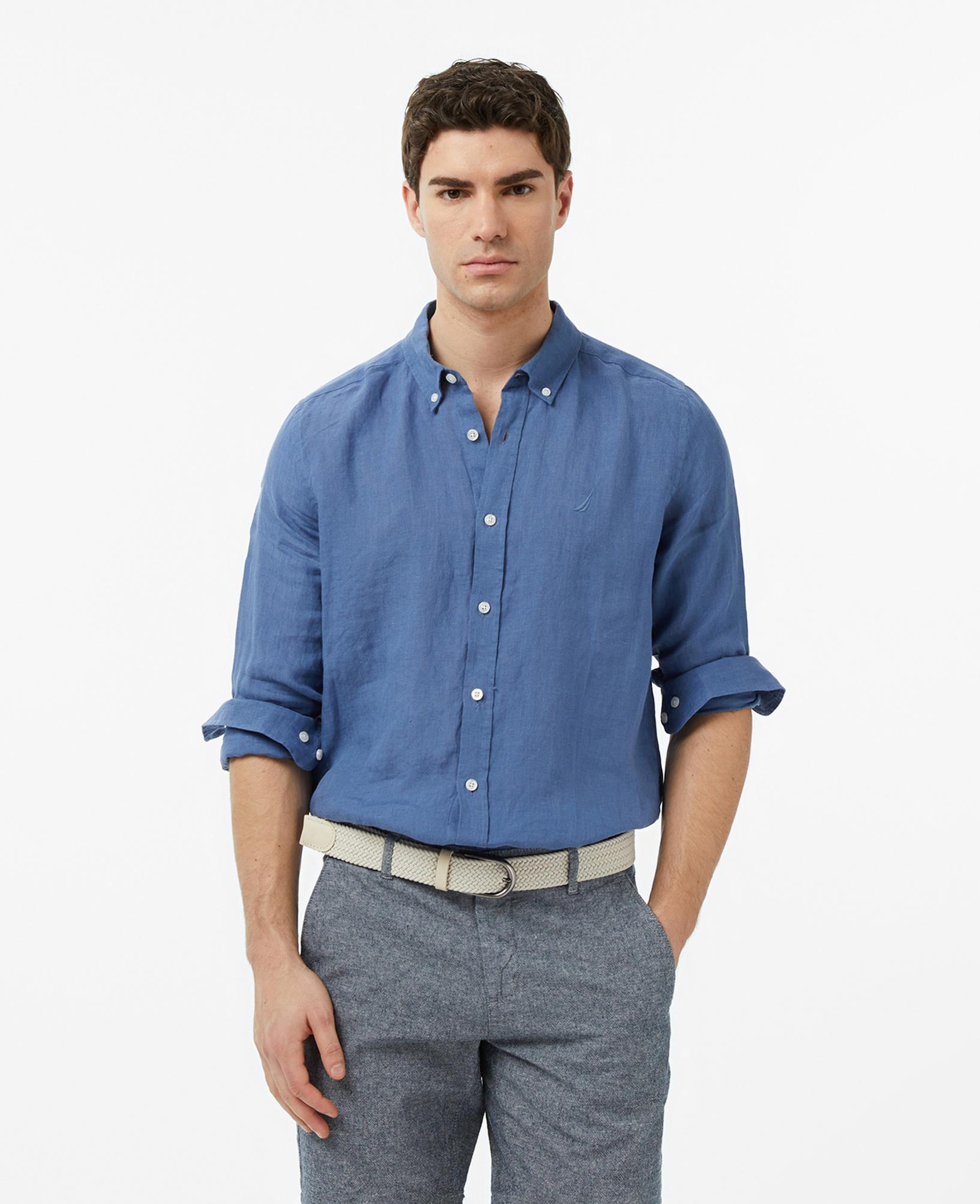 Nautica Erkek Mavi Regular Fit Keten Gömlek