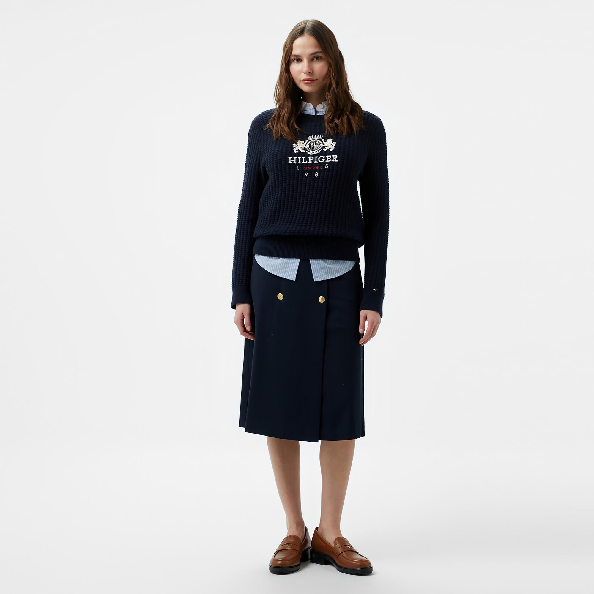 Tommy Hilfiger Gold Button Twill Midi Kadın Mavi Etek