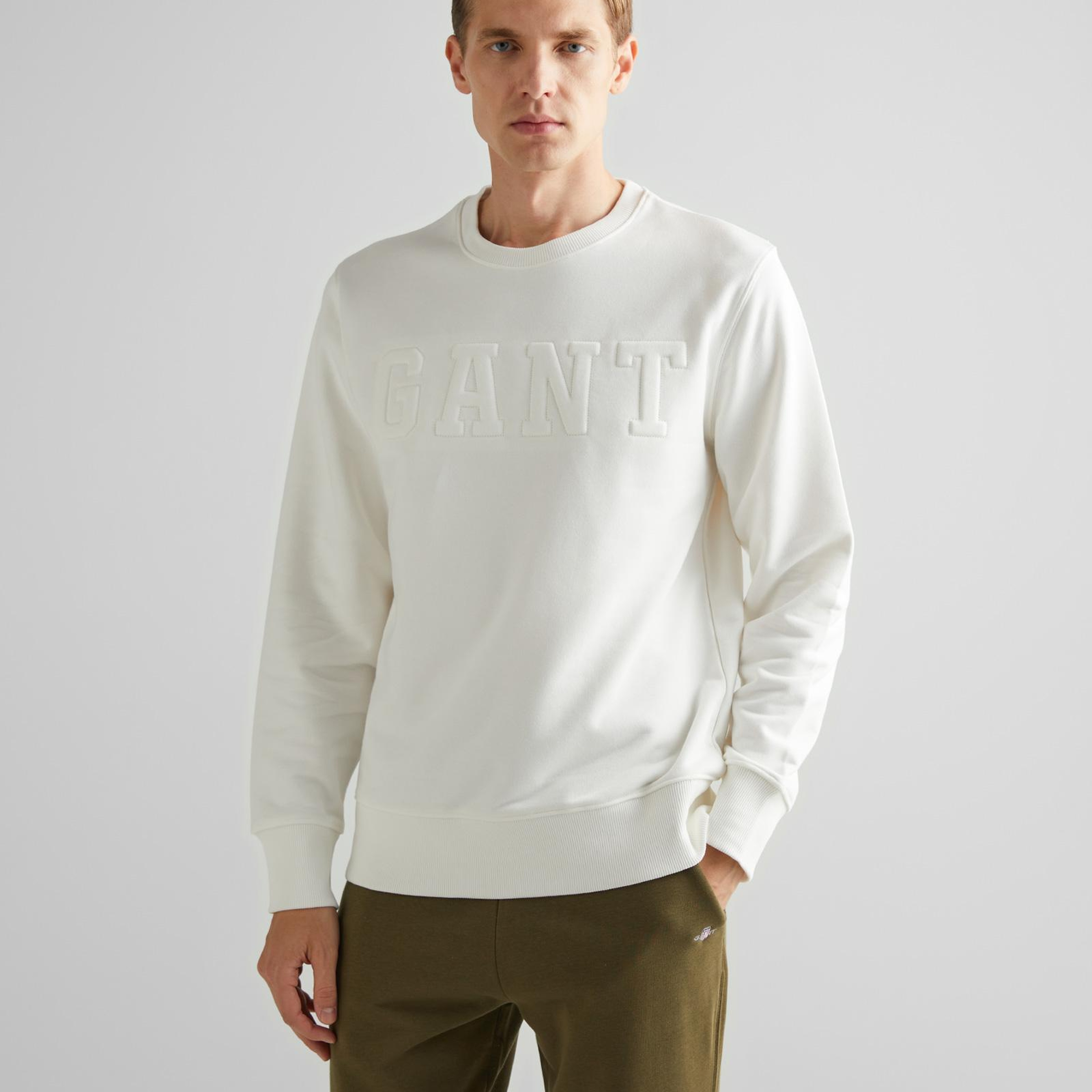 GANT Erkek Krem Regular Fit Bisiklet Yaka Logolu Sweatshirt