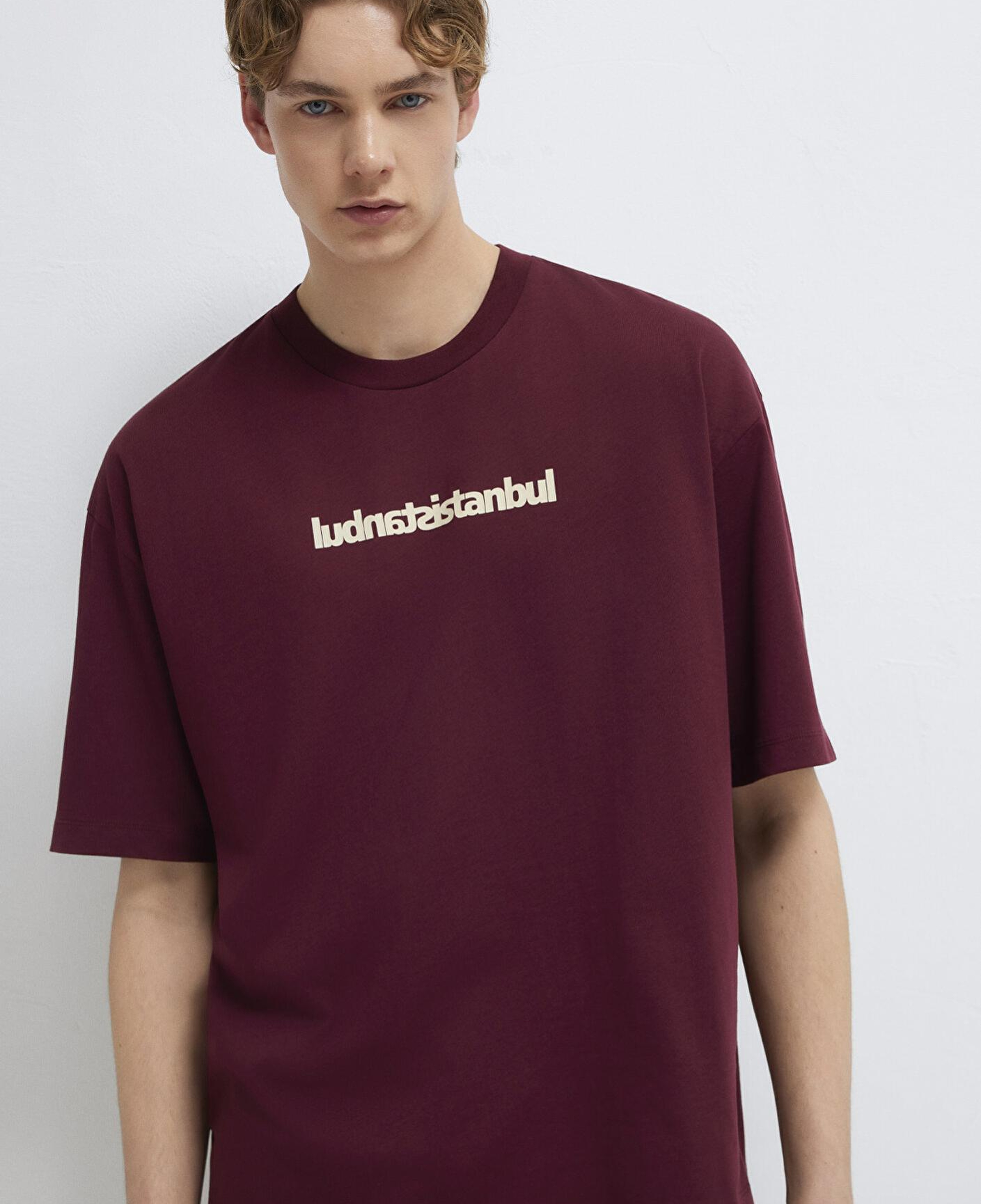 Mavi İstanbul Baskılı Bordo Tişört Oversize / Geniş Kesim 0613591-70426