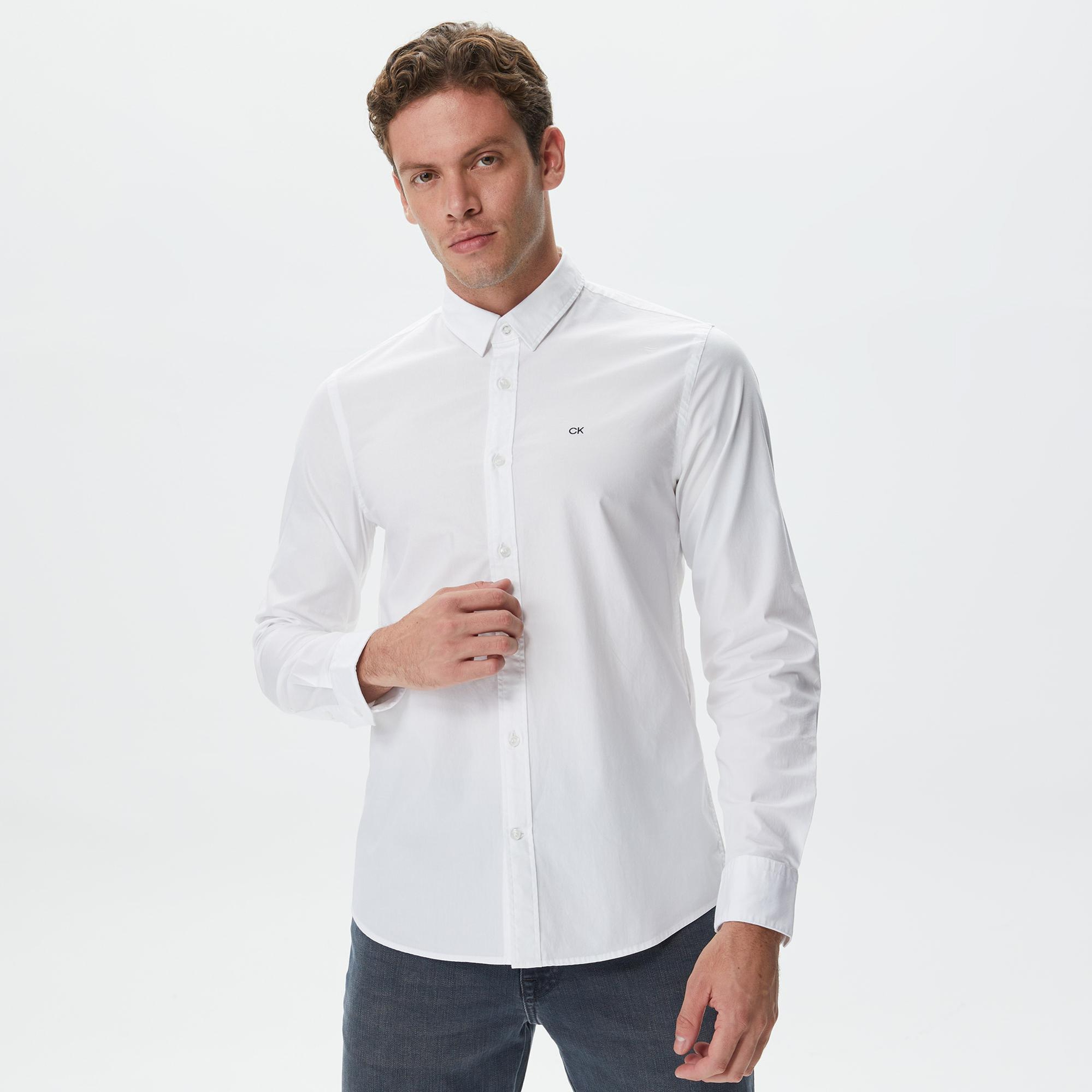 Calvin Klein Stretch Poplin Slim Erkek Beyaz Gömlek