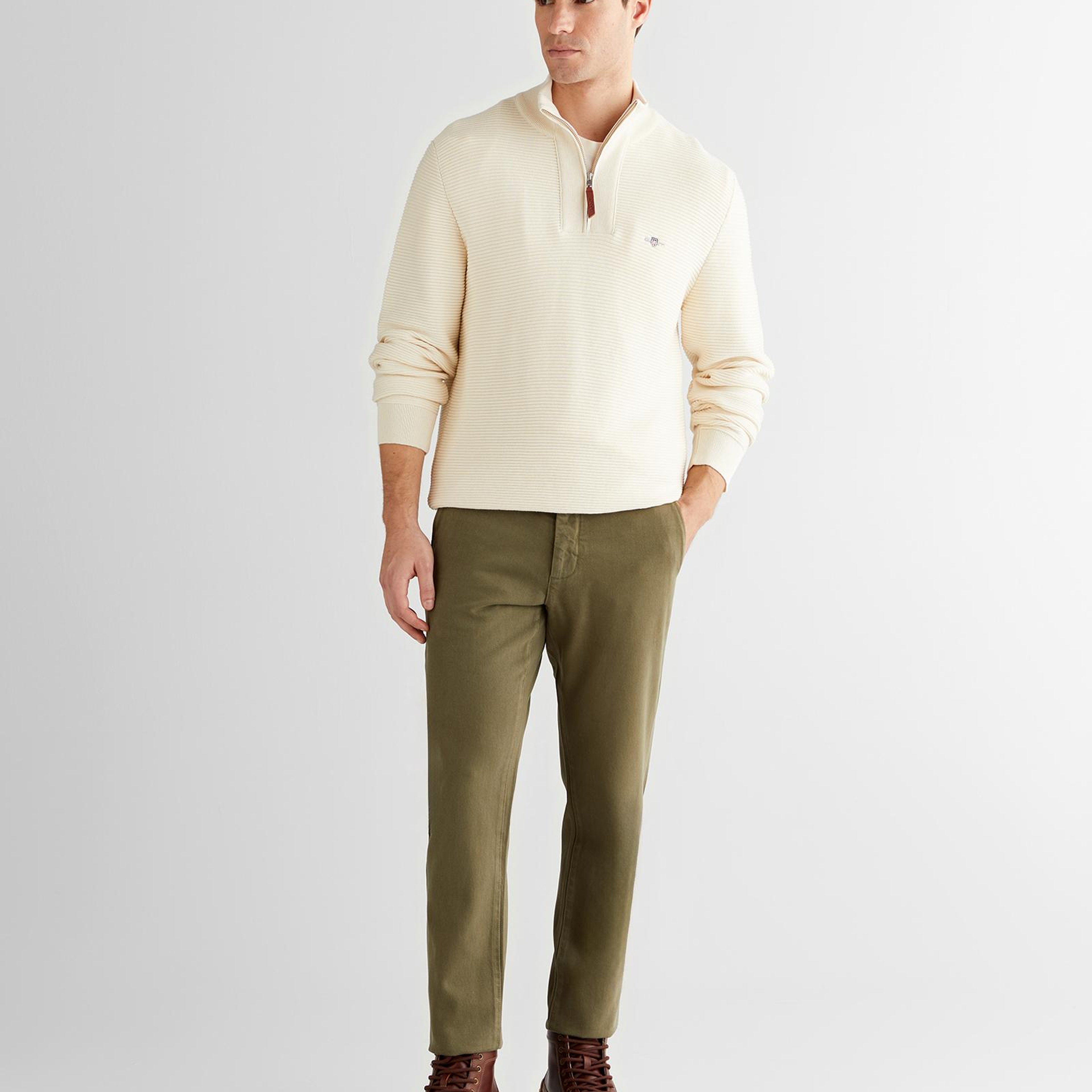 GANT Erkek Krem Regular Fit Yarım Fermuarlı Triko