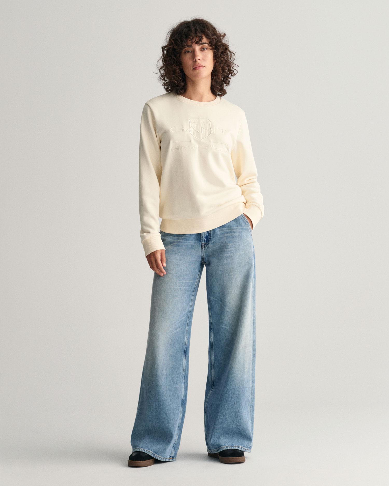 GANT Kadın Bej Regular Fit Bisiklet Yaka Logolu Sweatshirt