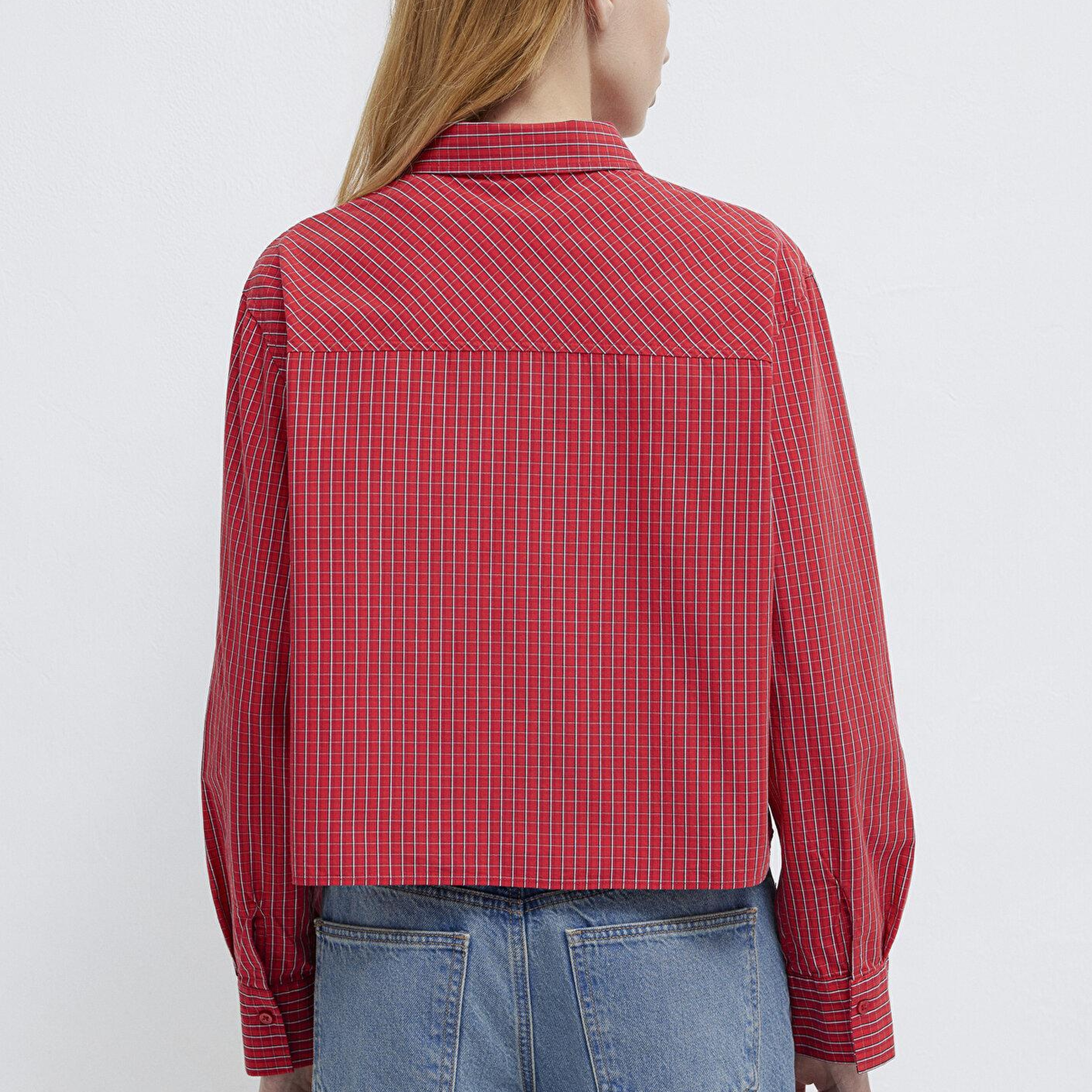Mavi Ekose Kırmızı Crop Gömlek Loose Fit / Bol Rahat Kesim 1211401-83904