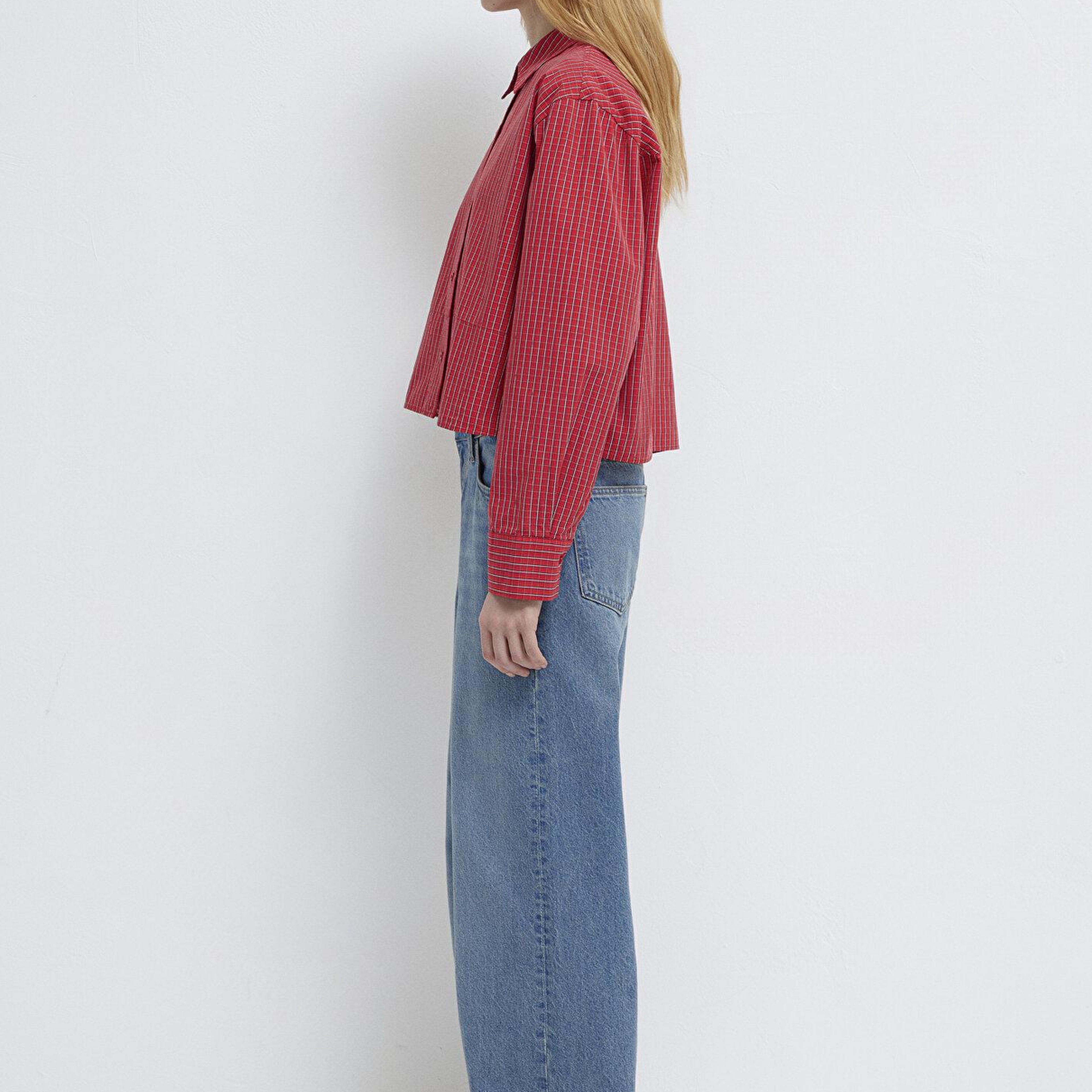 Mavi Ekose Kırmızı Crop Gömlek Loose Fit / Bol Rahat Kesim 1211401-83904