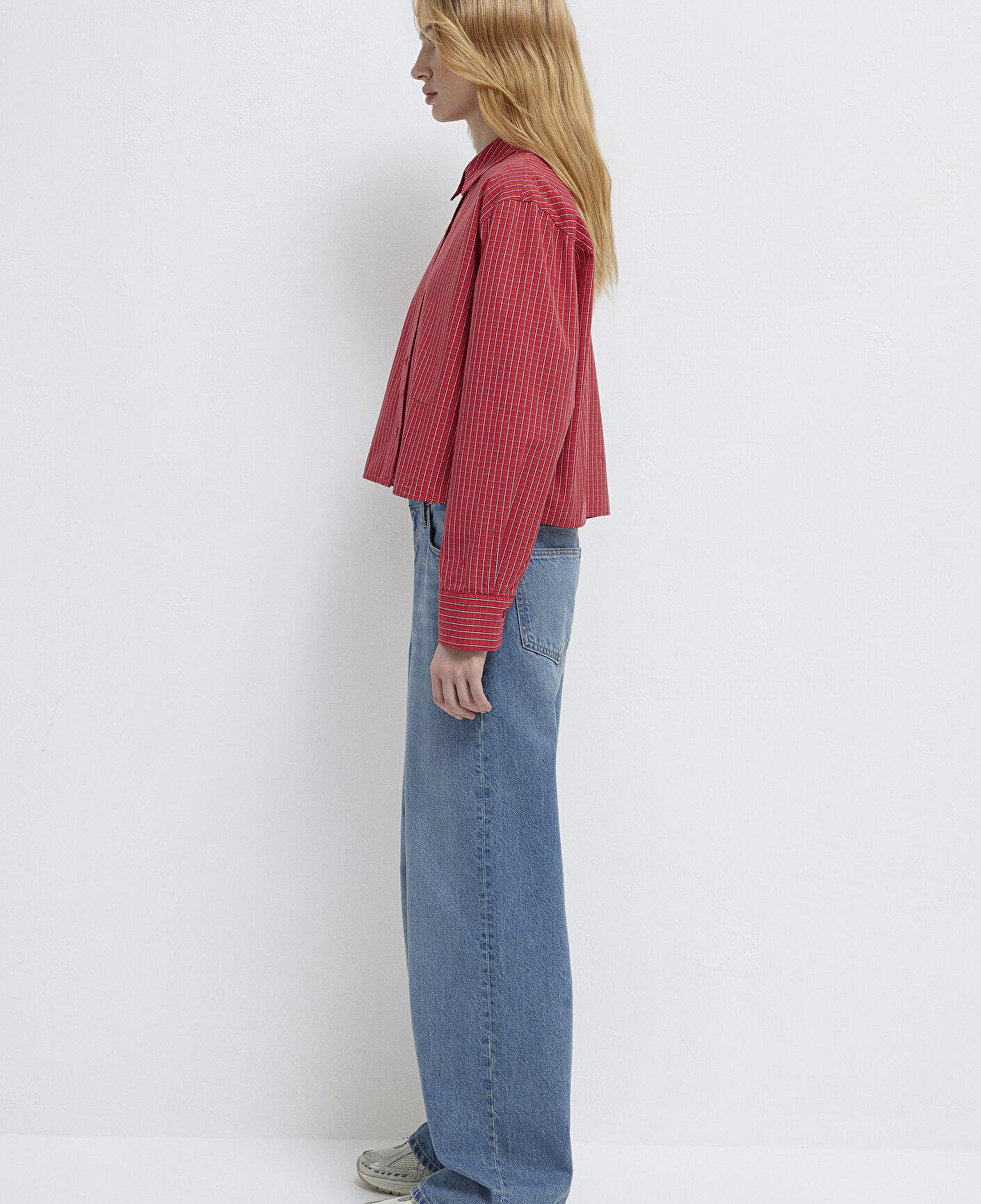 Mavi Ekose Kırmızı Crop Gömlek Loose Fit / Bol Rahat Kesim 1211401-83904