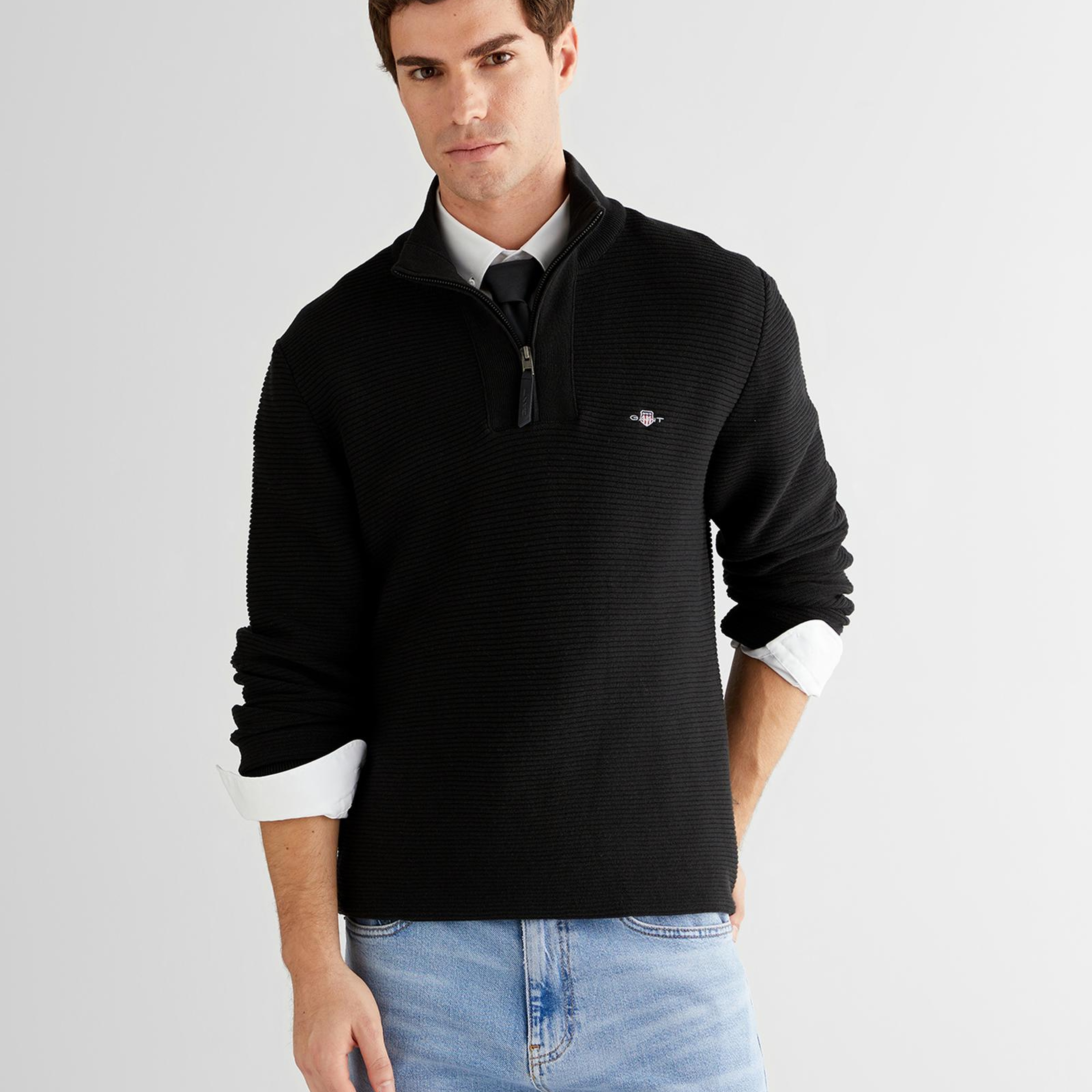 GANT Erkek Siyah Regular Fit Yarım Fermuarlı Triko