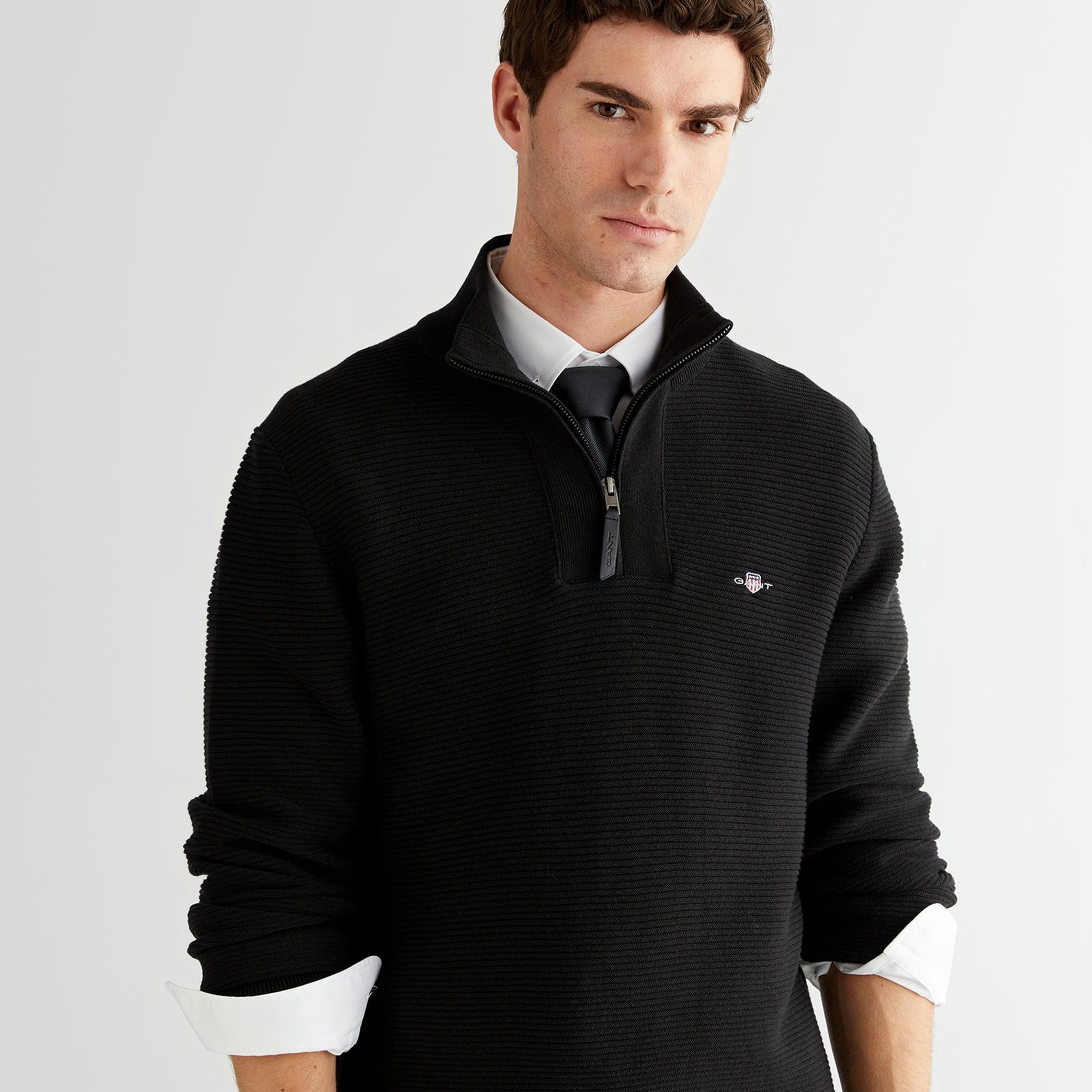 GANT Erkek Siyah Regular Fit Yarım Fermuarlı Triko