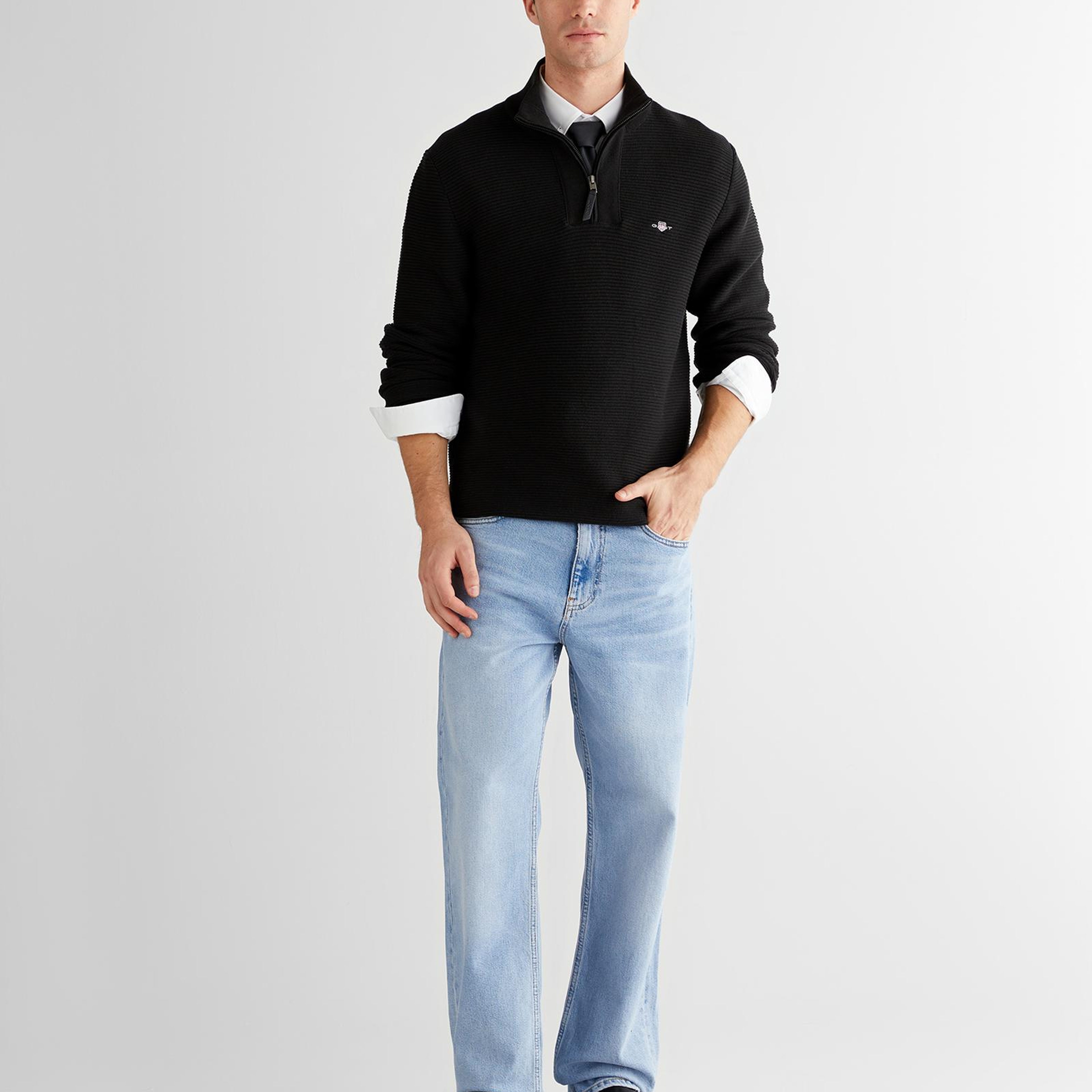 GANT Erkek Siyah Regular Fit Yarım Fermuarlı Triko