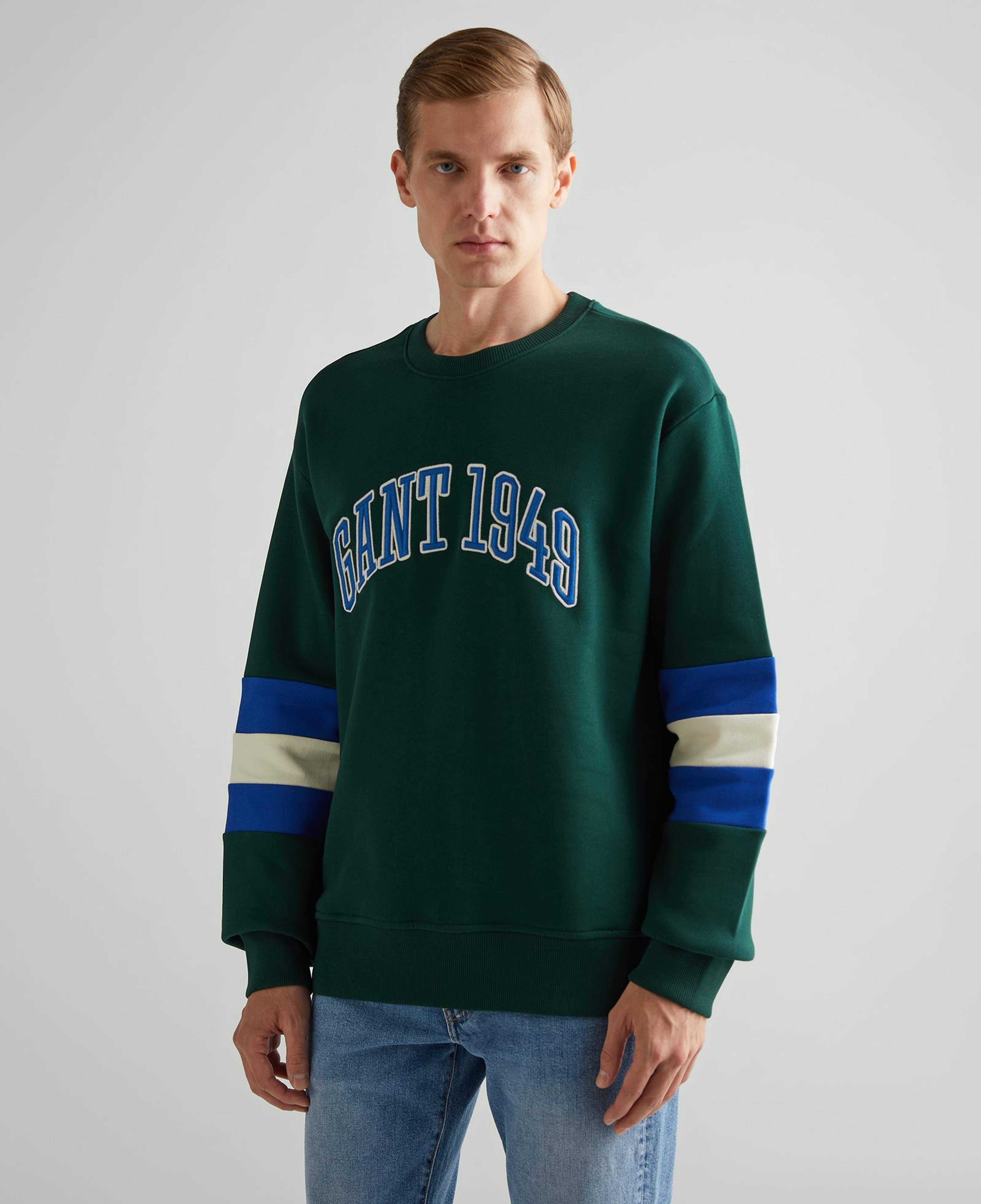GANT Erkek Yeşil Relaxed Fit Bisiklet Yaka Renk Bloklu Sweatshirt