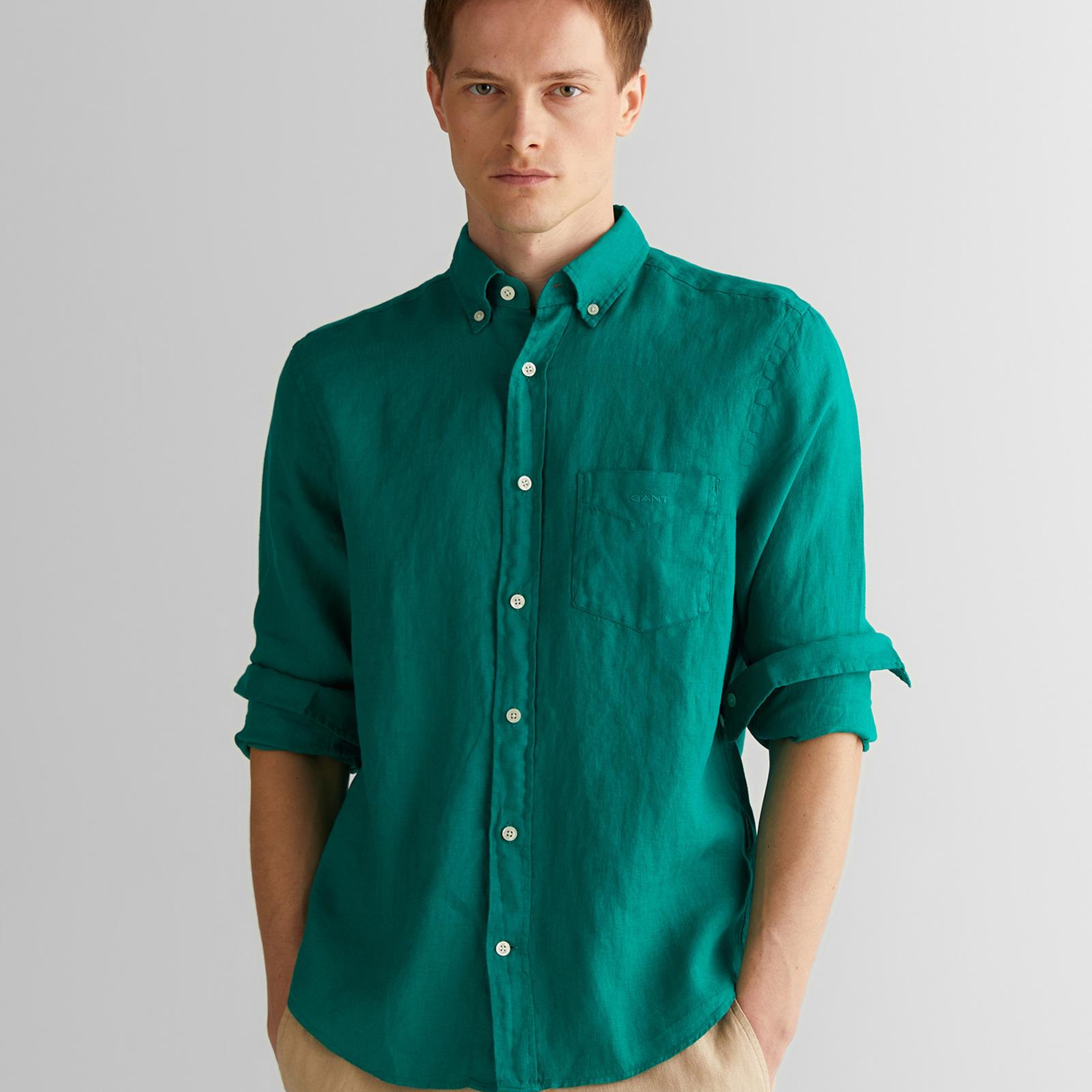 GANT Erkek Yeşil Regular Fit Düğmeli Yaka Keten Gömlek