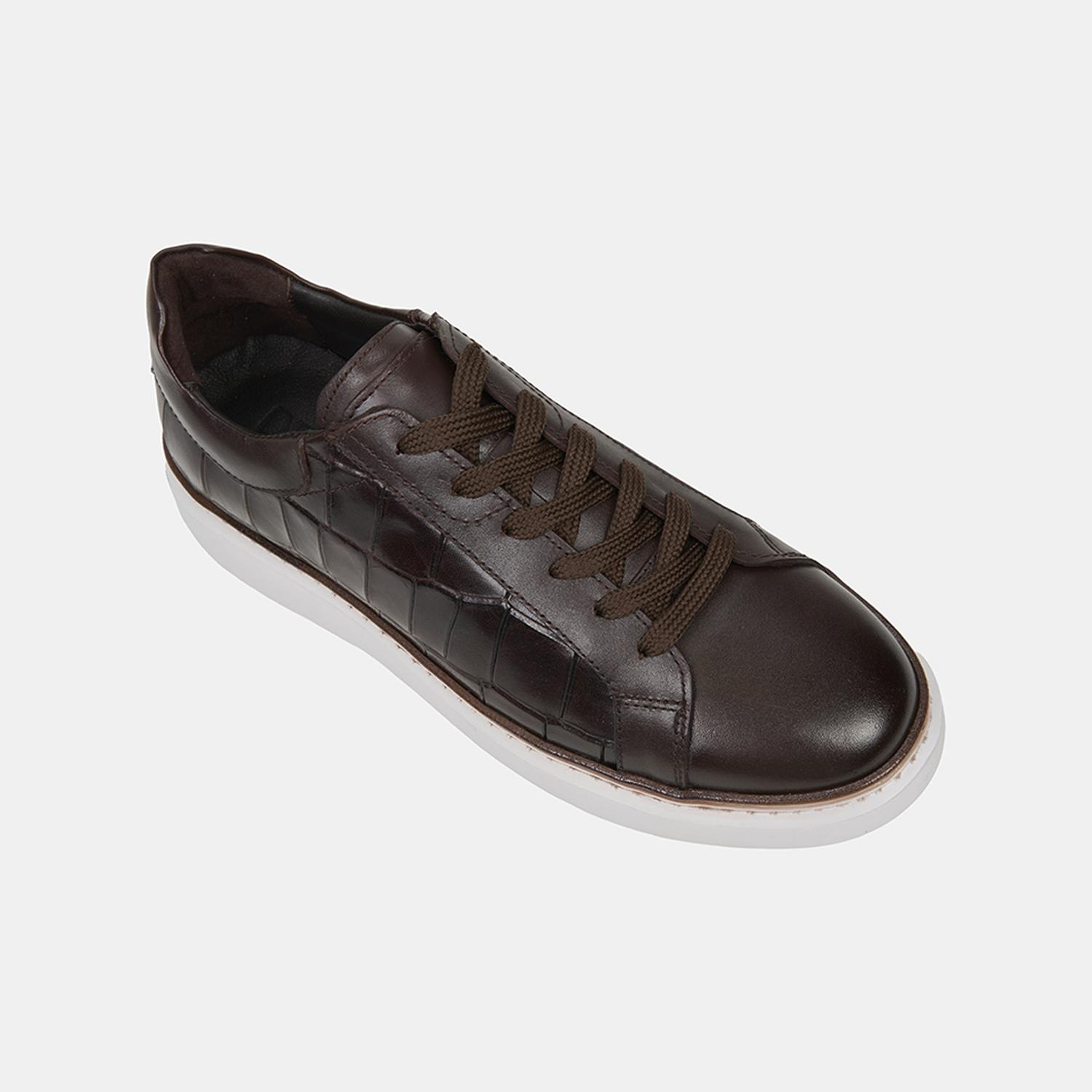 Erkek Kahve Bağcıklı Kroko Baskılı Deri Sneaker