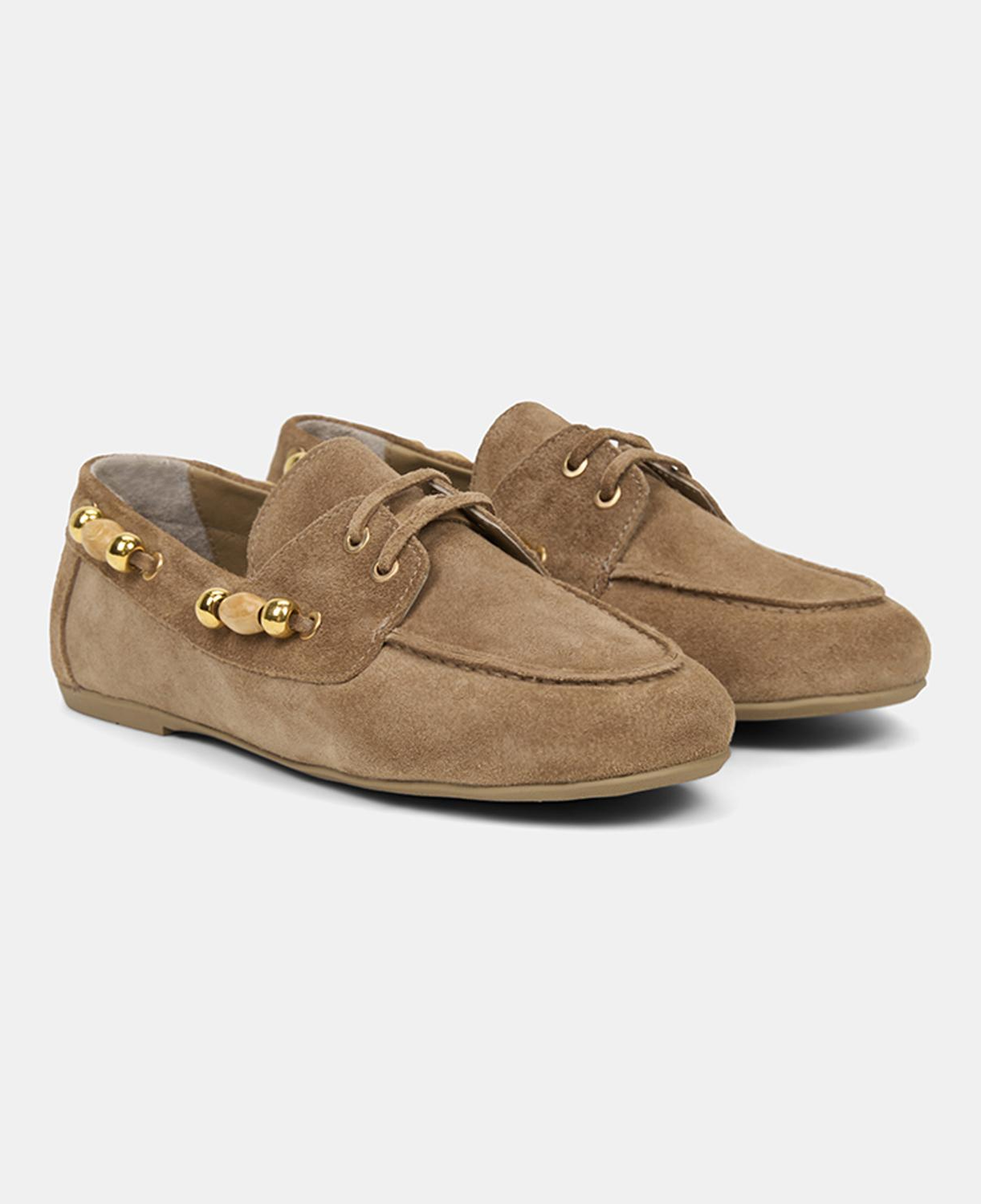 Kadın Bej Gold Boncuk Aksesuarlı Süet Deri Loafer