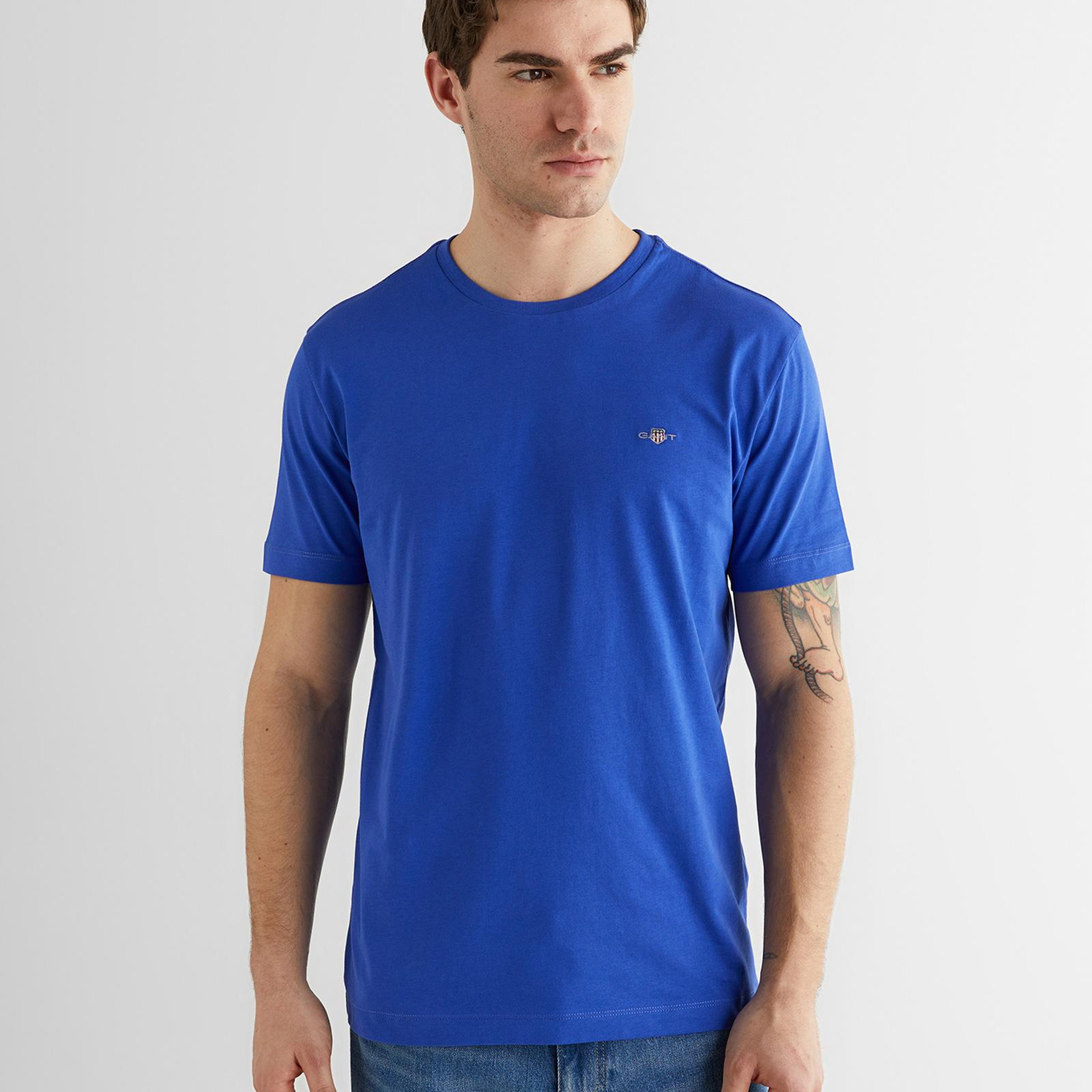 GANT Erkek Mavi Bisiklet Yaka Regular Fit Logolu T-Shirt