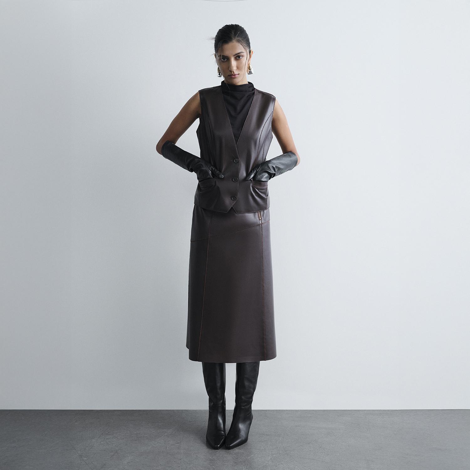 Kadın Koyu Kahve Deri Yelek