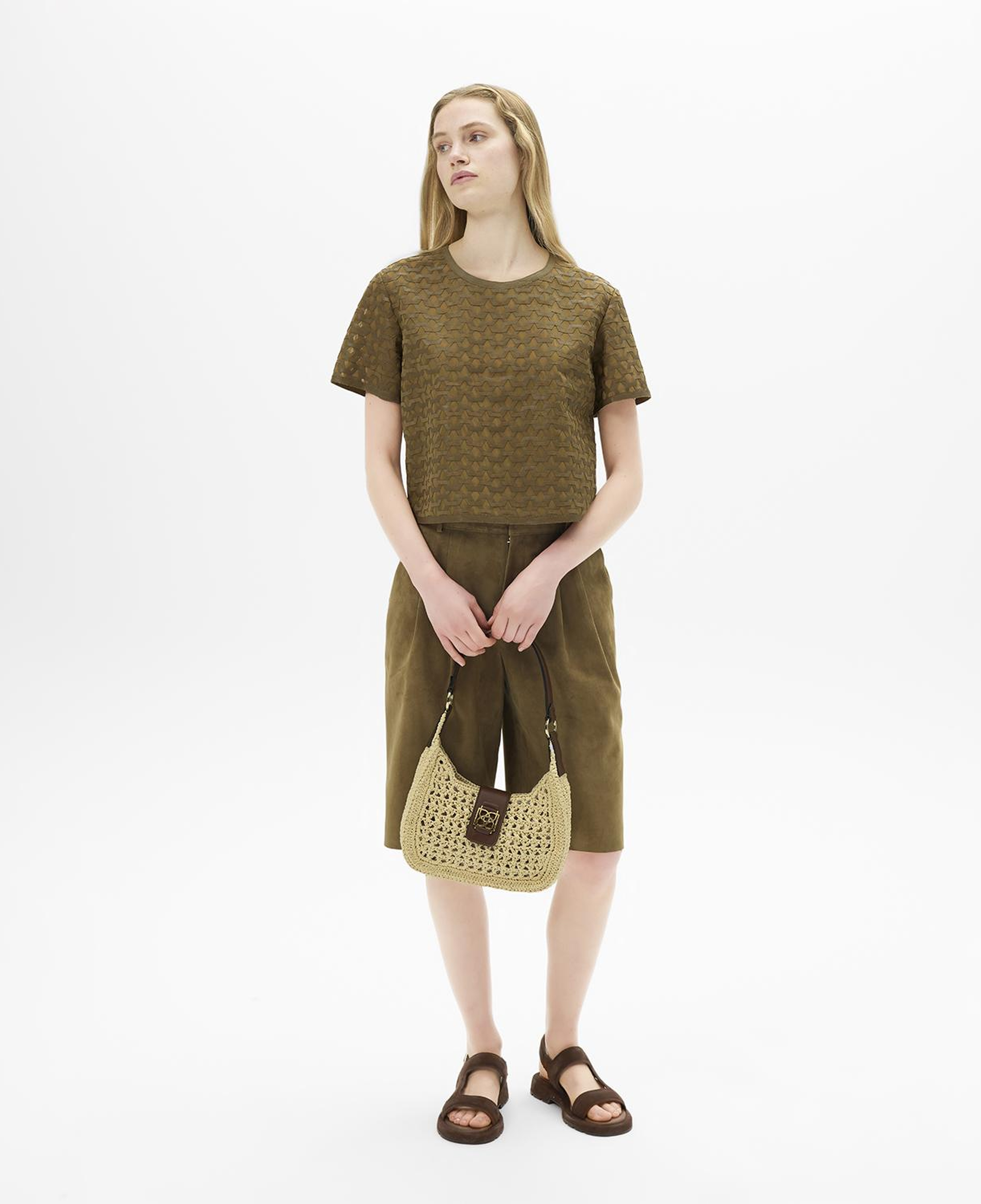 Kadın Taba Deri Detaylı Bluz