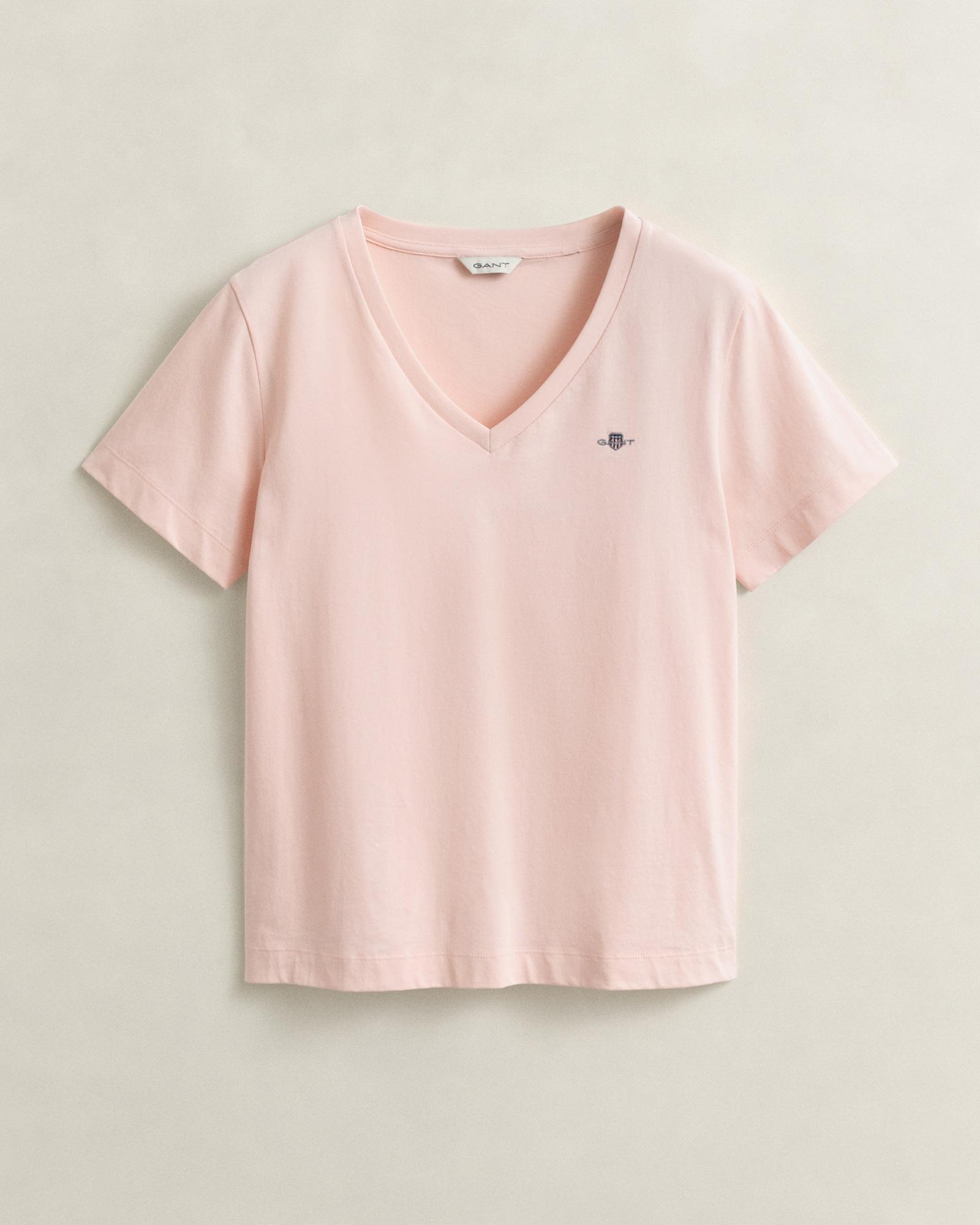 GANT Kadın Pembe V Yaka Regular Fit Logolu T-Shirt