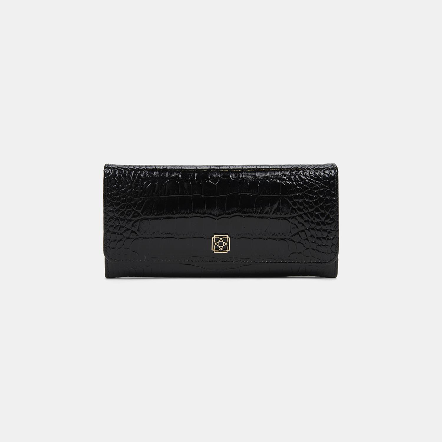 Kadın Siyah Kroko Baskılı Kapaklı Deri Cüzdan