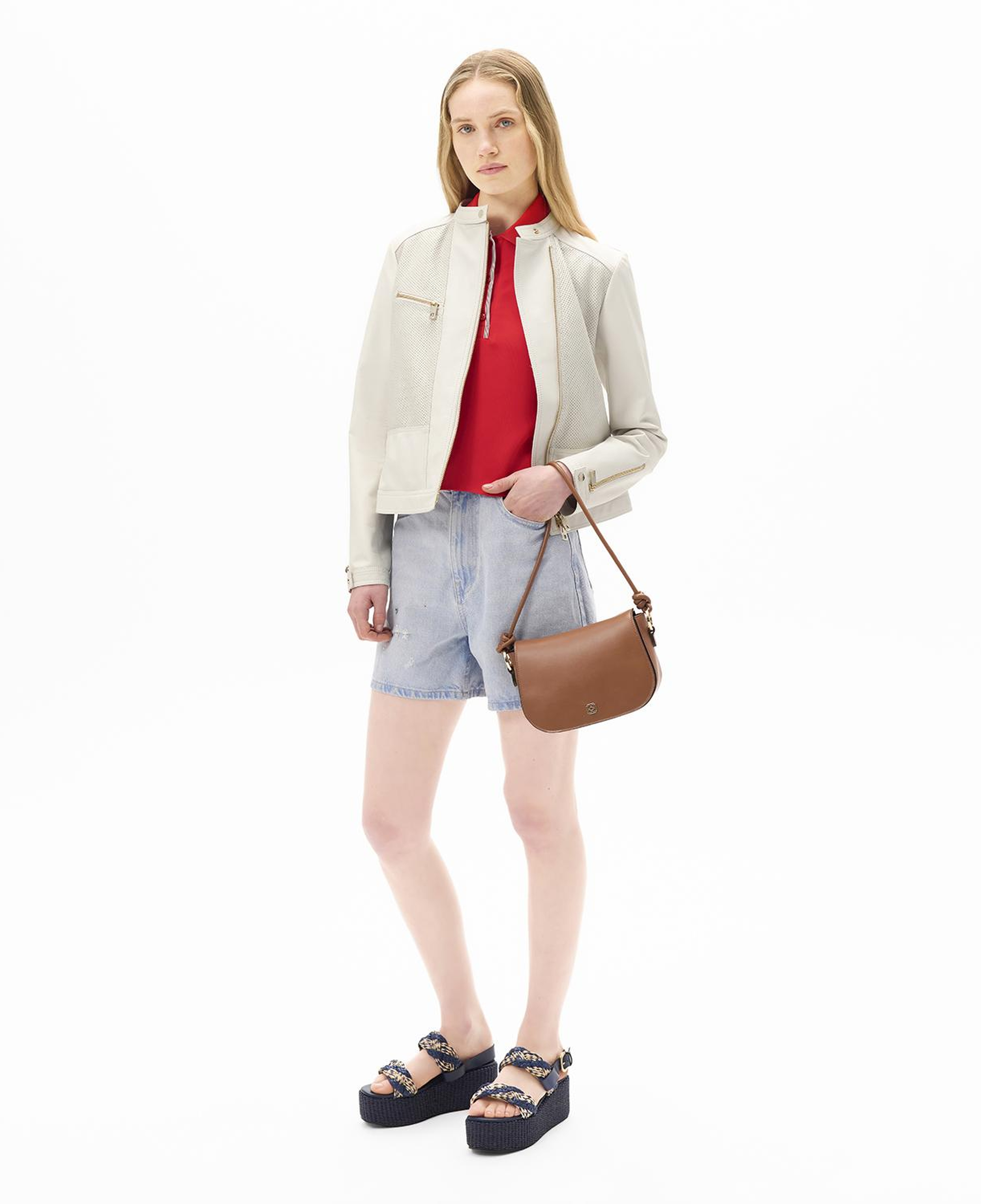 Kadın Beyaz Perfore Detaylı Deri Ceket