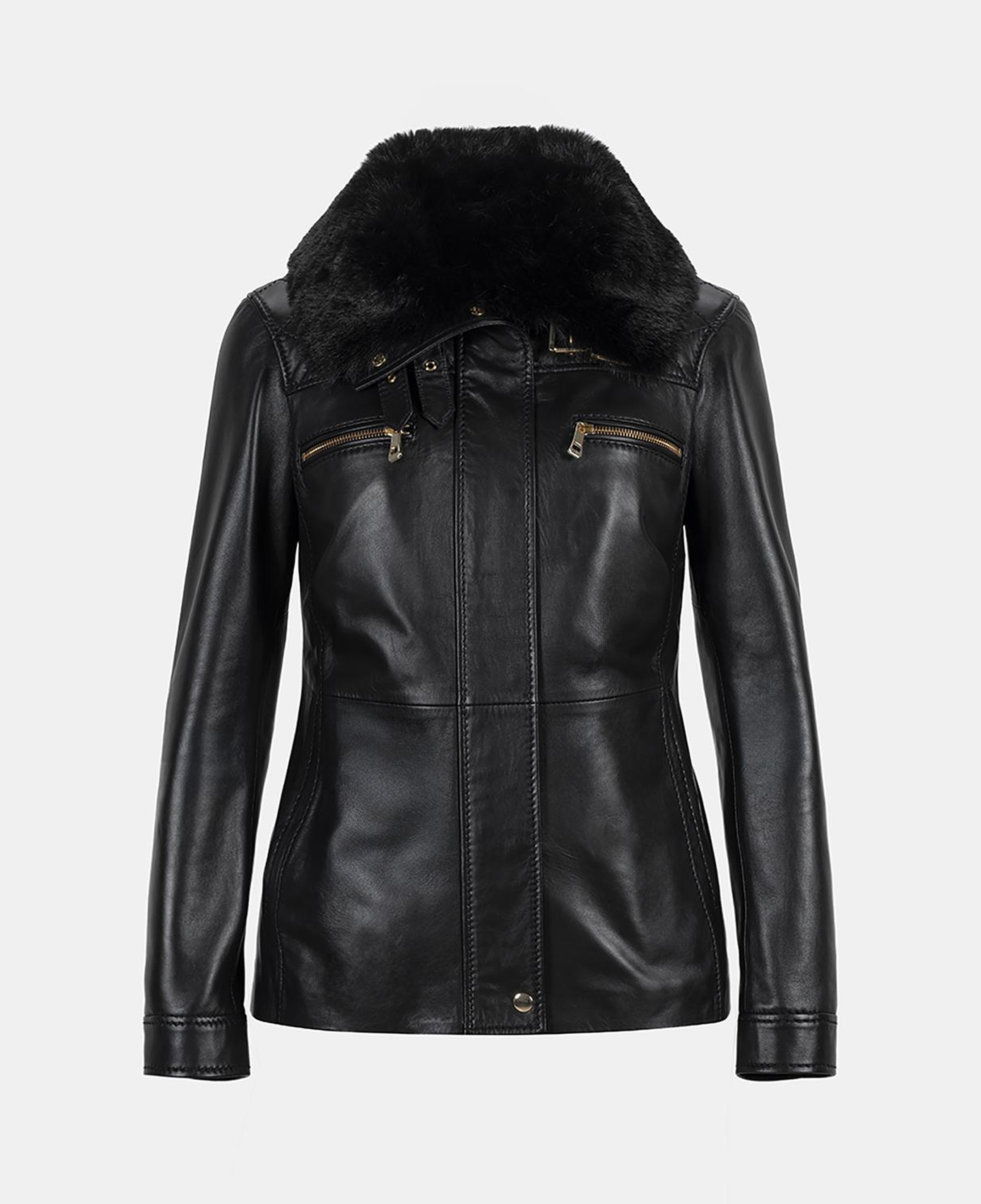 Kadın Siyah Yüksek Hakim Yakalı Deri Ceket