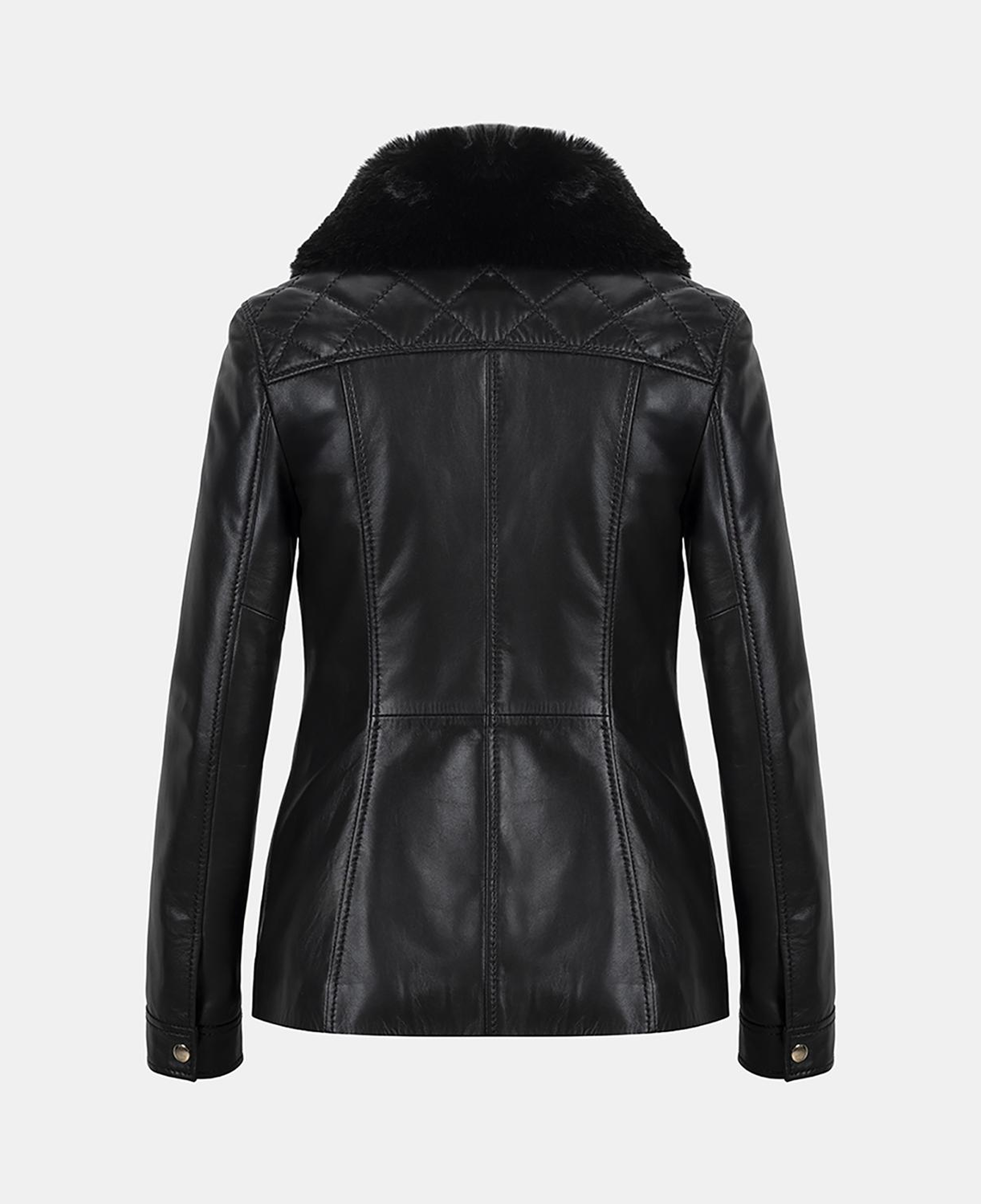 Kadın Siyah Yüksek Hakim Yakalı Deri Ceket