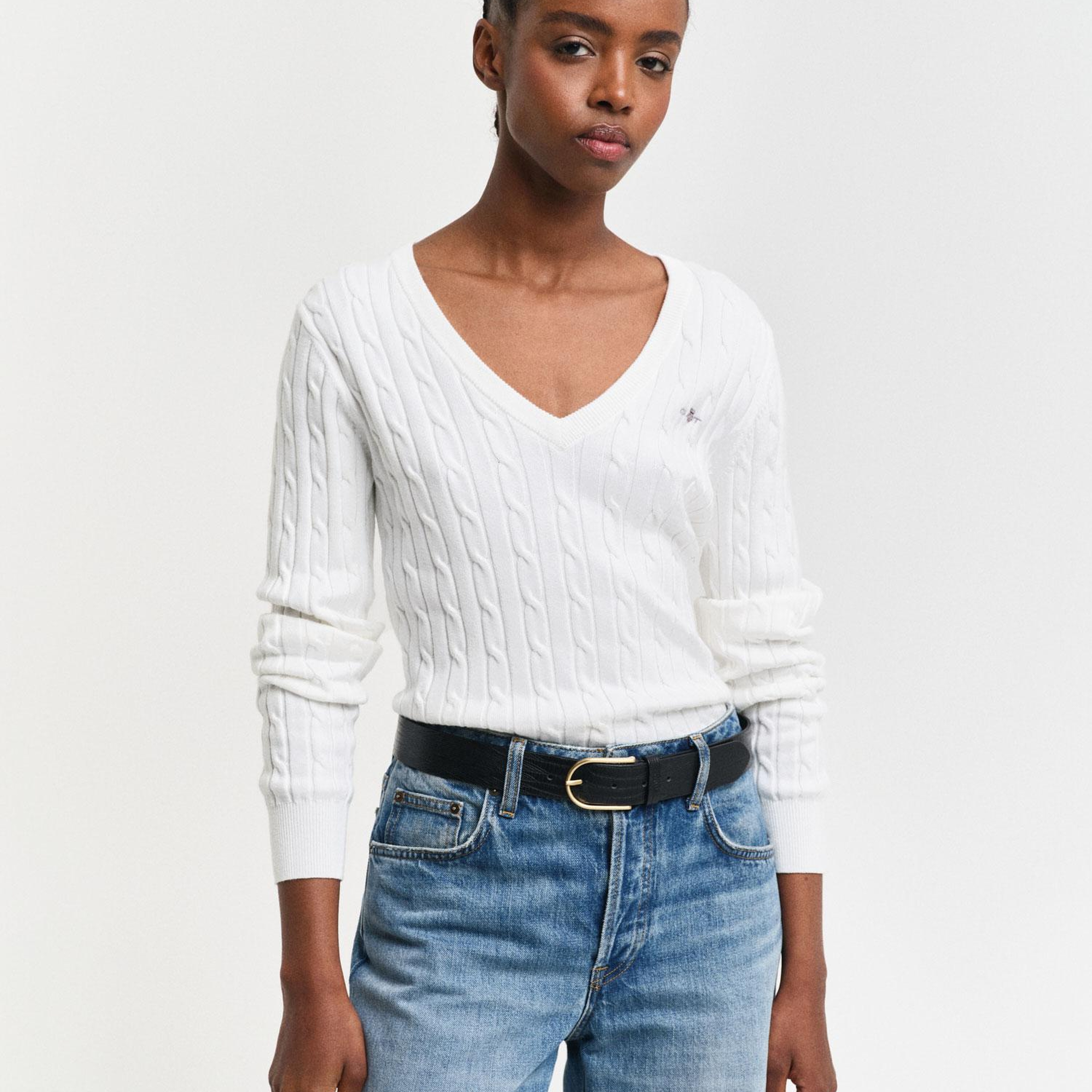 GANT Kadın Krem V Yaka Örgü Kazak