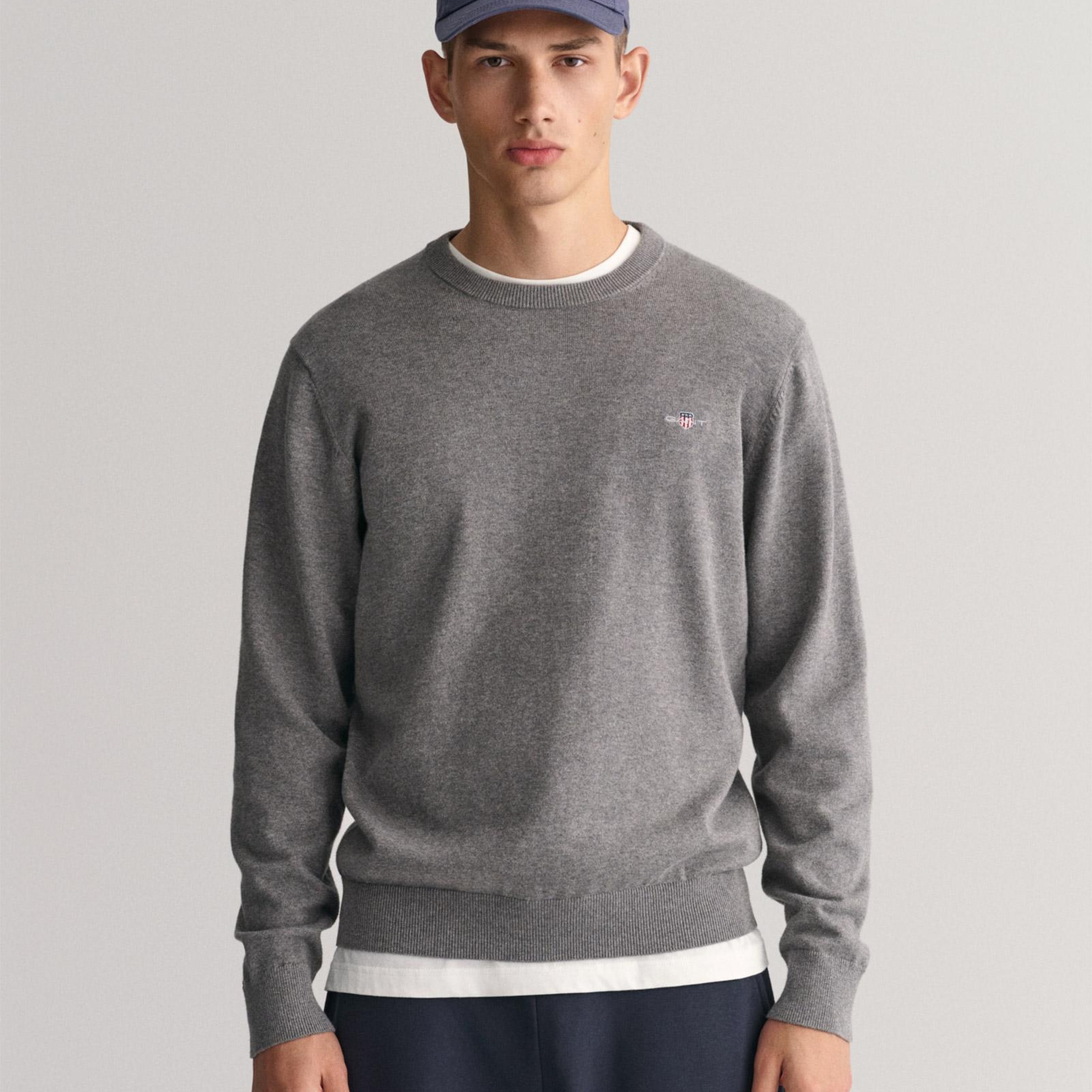 GANT Erkek Gri Regular Fit Bisiklet Yaka Kazak