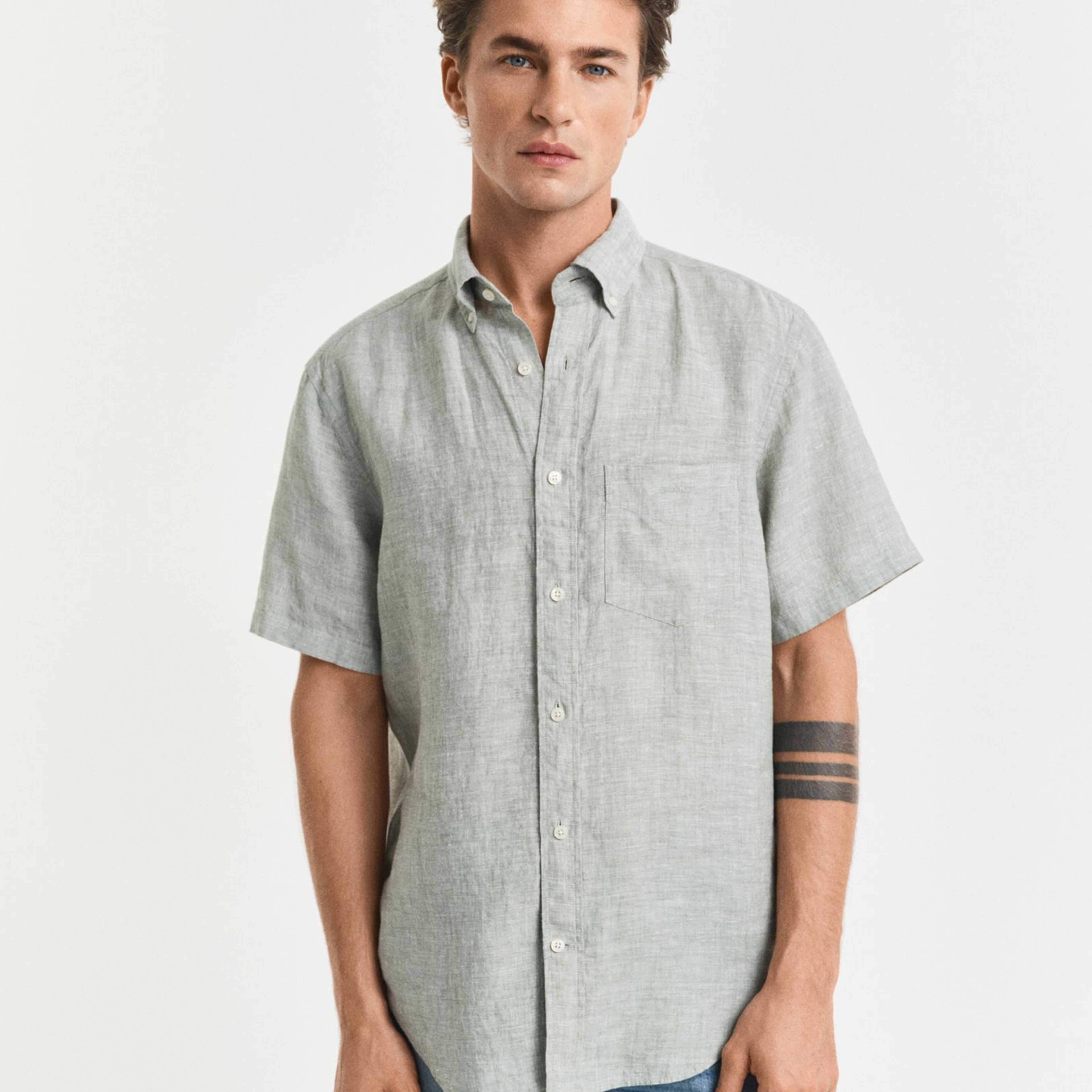 GANT Erkek Yeşil Regular Fit Düğmeli Yaka Keten Gömlek