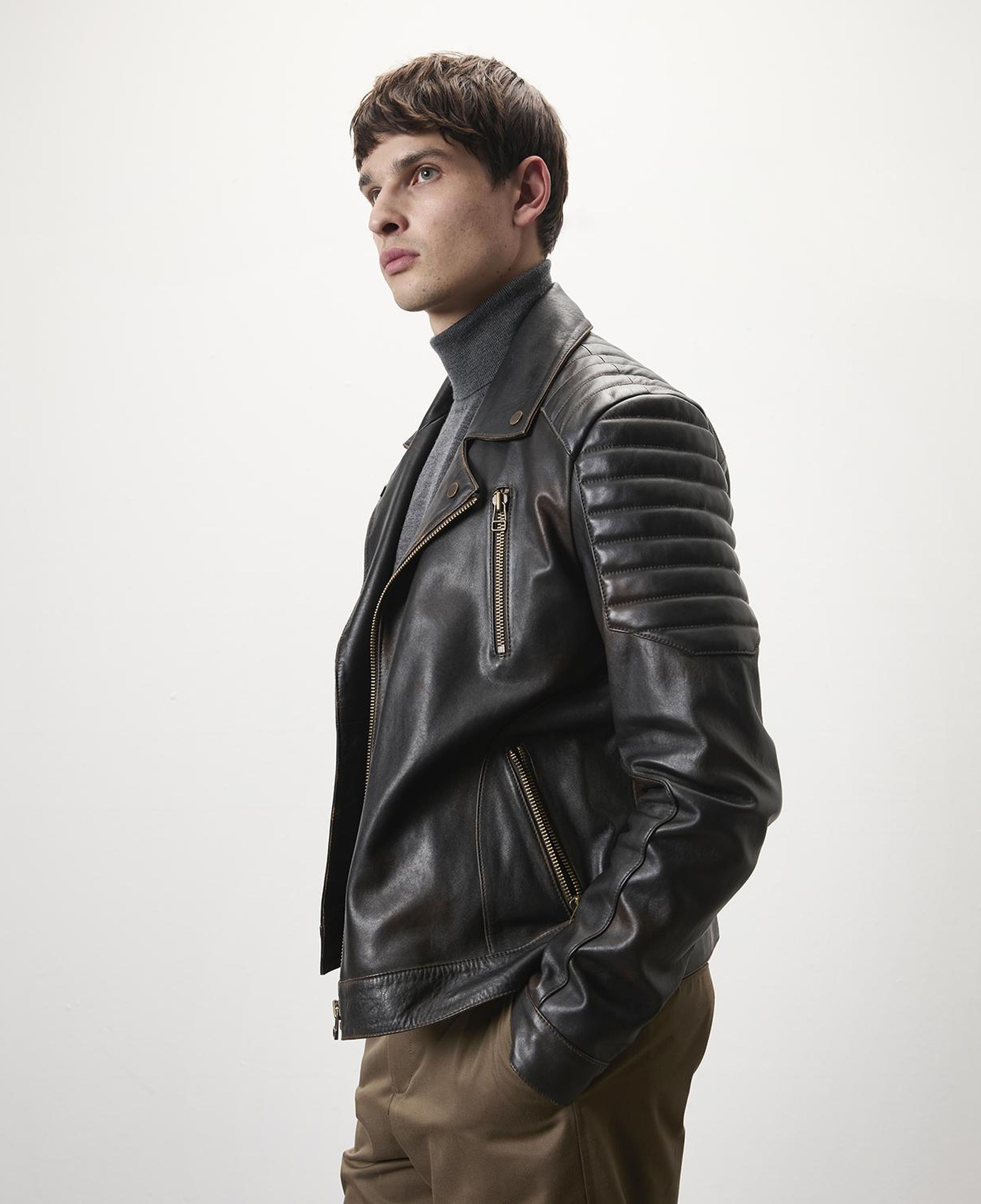 Bill Kahve Erkek Kartallı Vintage Biker Deri Mont