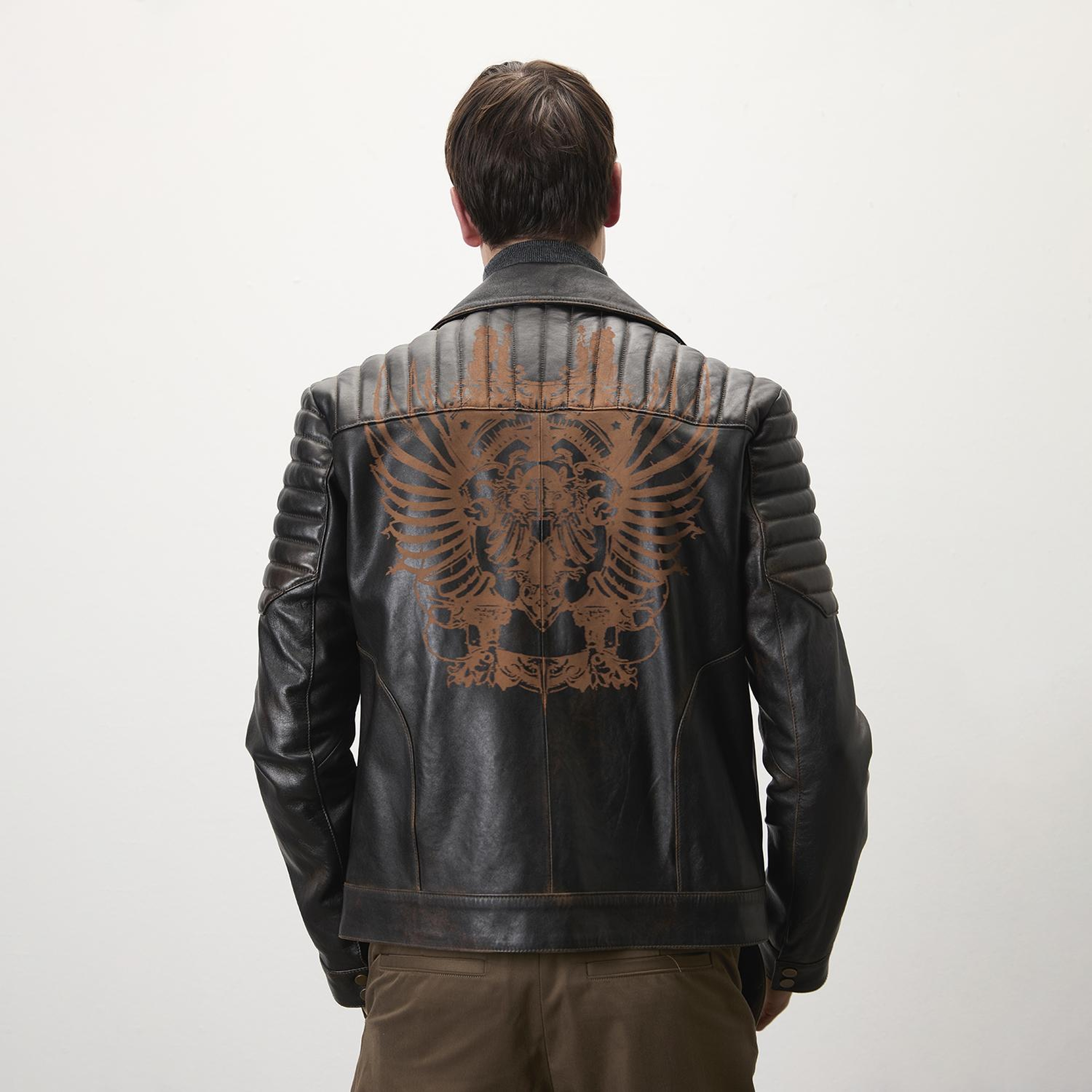 Bill Kahve Erkek Kartallı Vintage Biker Deri Mont