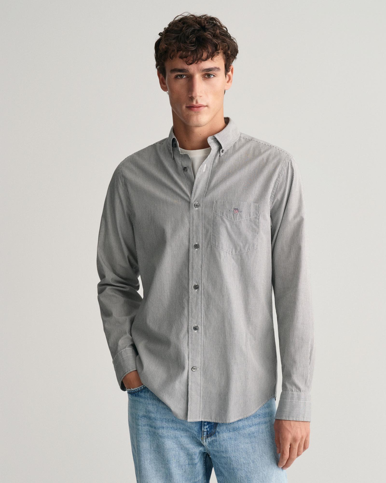 GANT Erkek Siyah Regular Fit Düğmeli Yaka Çizgili Gömlek