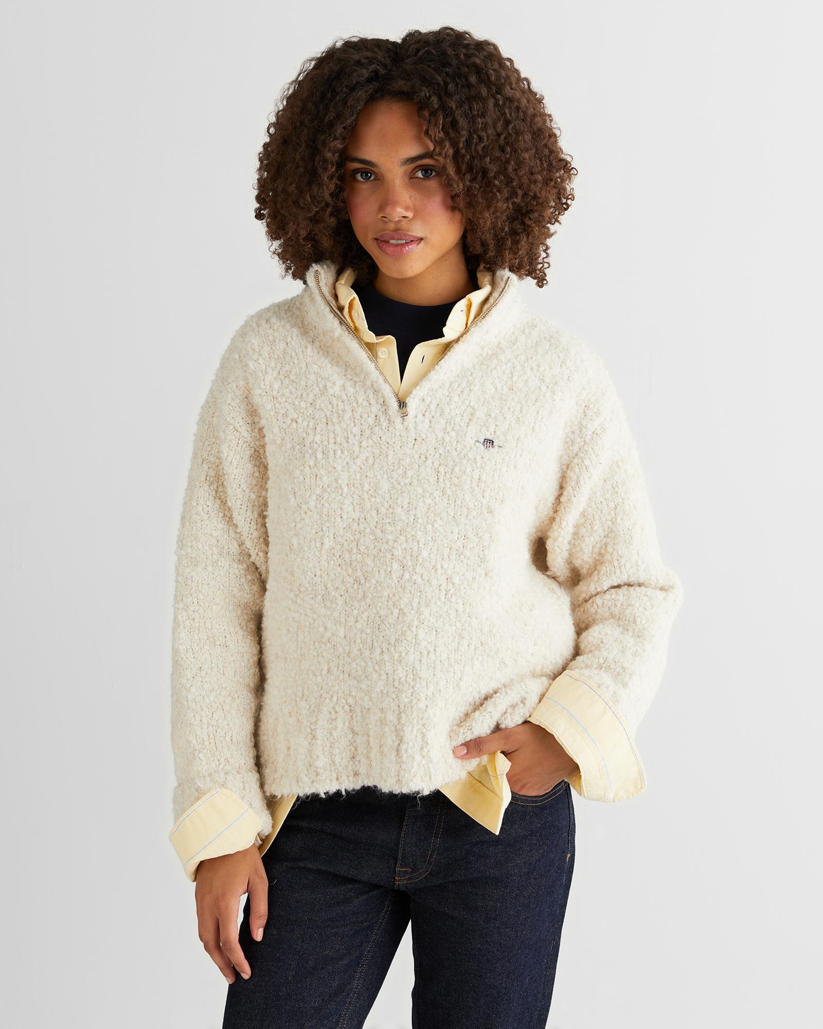 GANT Kadın Krem Relaxed Fit Yarım Fermuarlı Triko