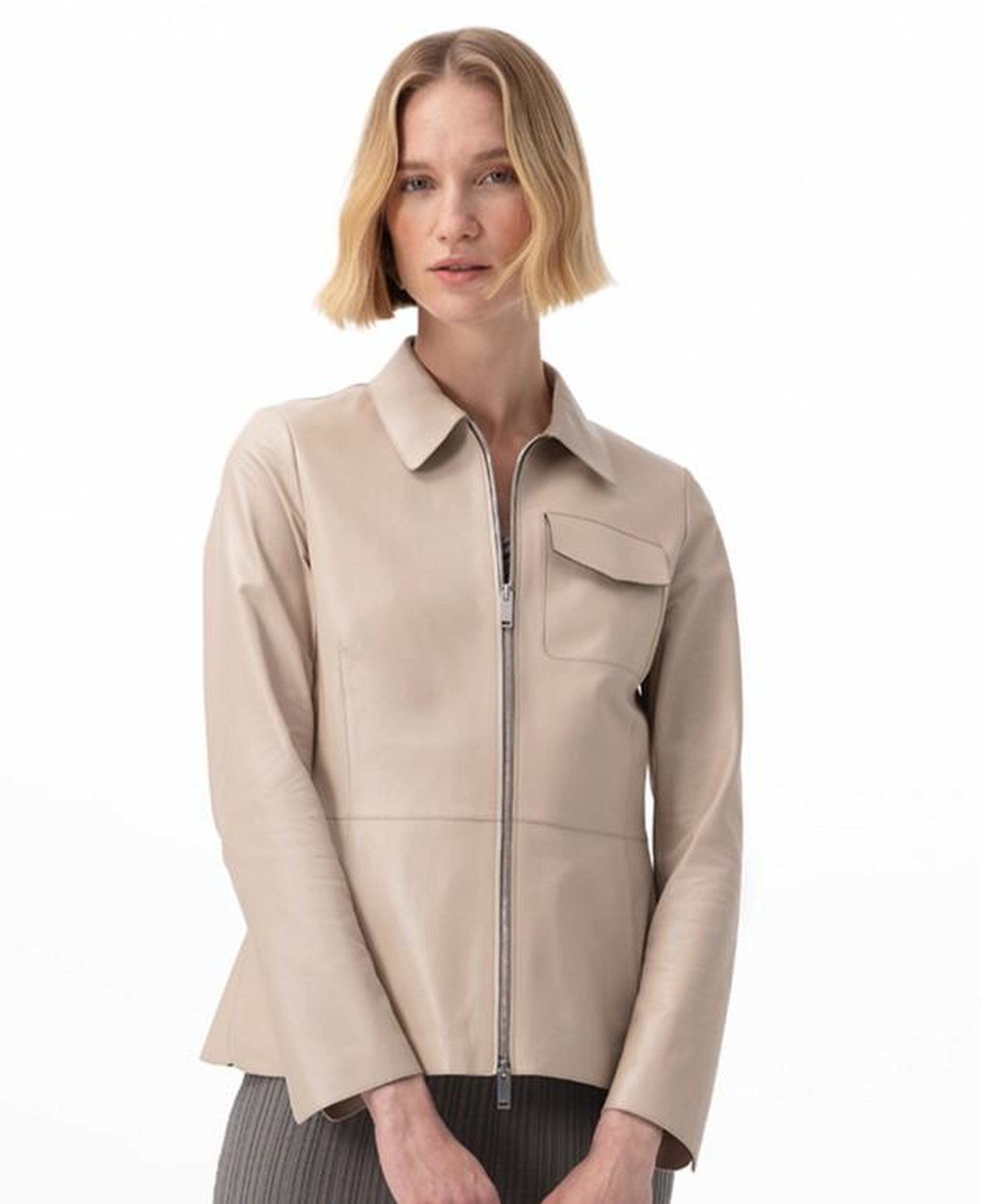 Kadın Bej Gömlek Yakalı Deri Ceket