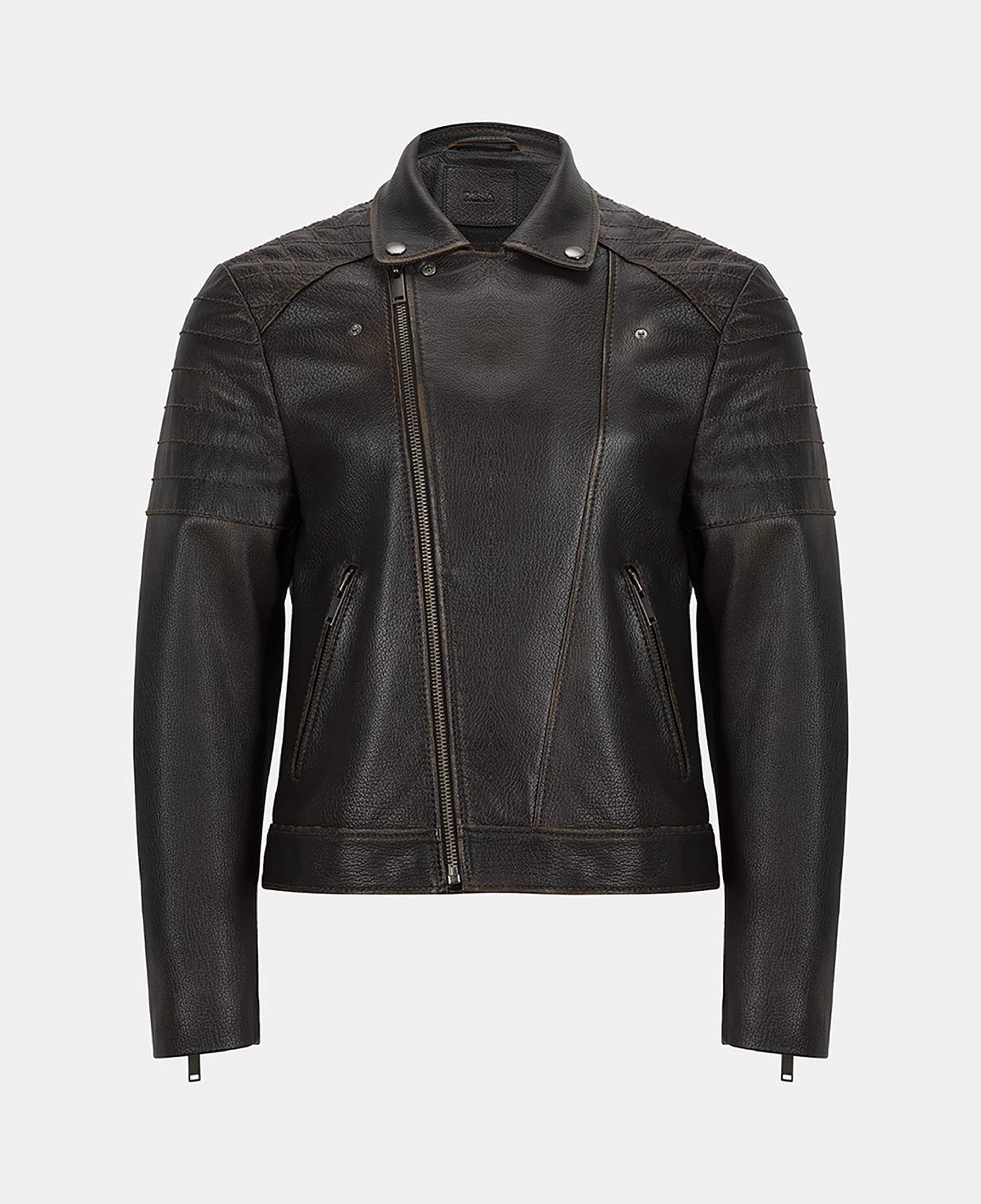 DESA Erkek Koyu Kahve Eskitme Vintage Deri Biker Ceket