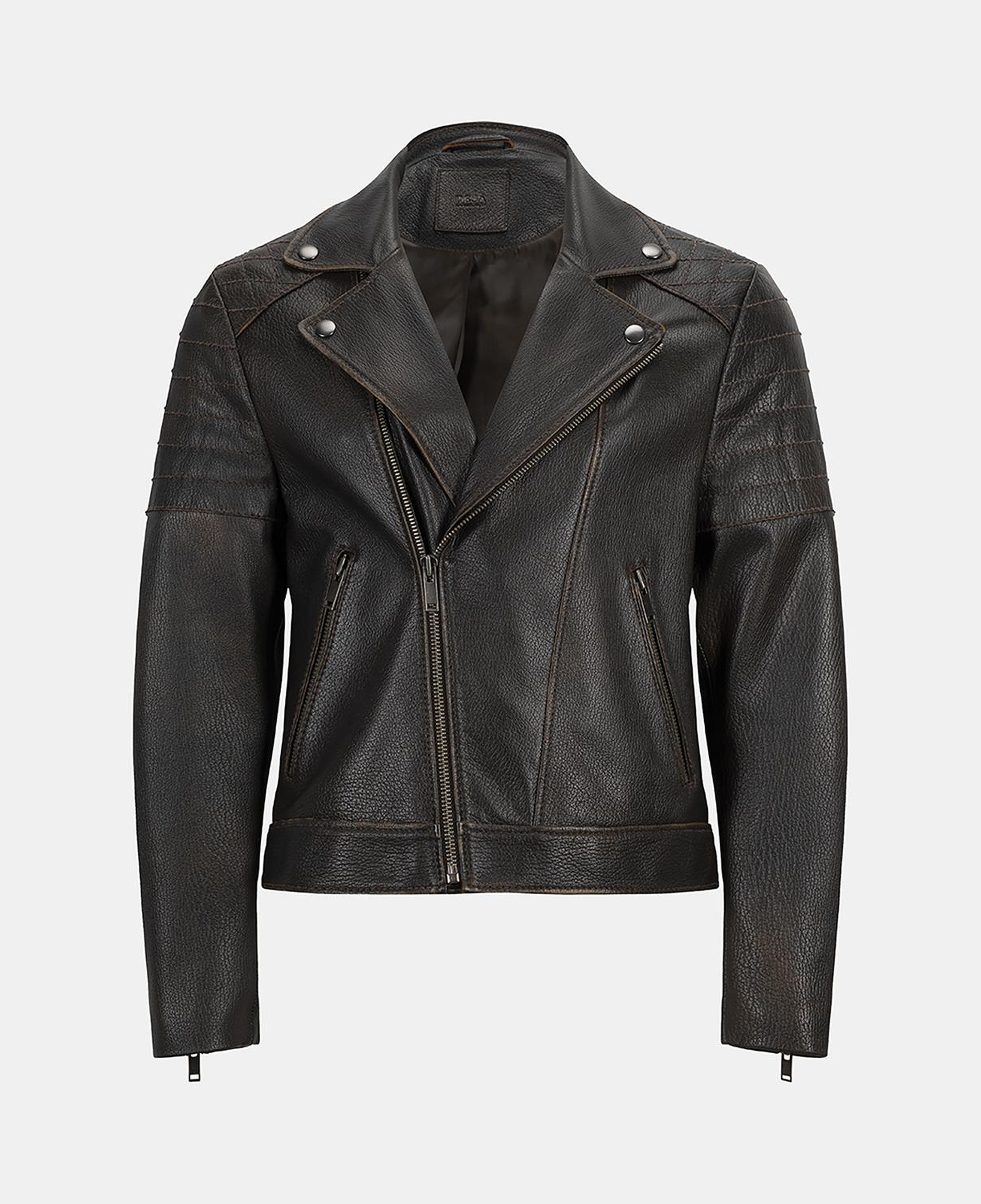 DESA Erkek Koyu Kahve Eskitme Vintage Deri Biker Ceket