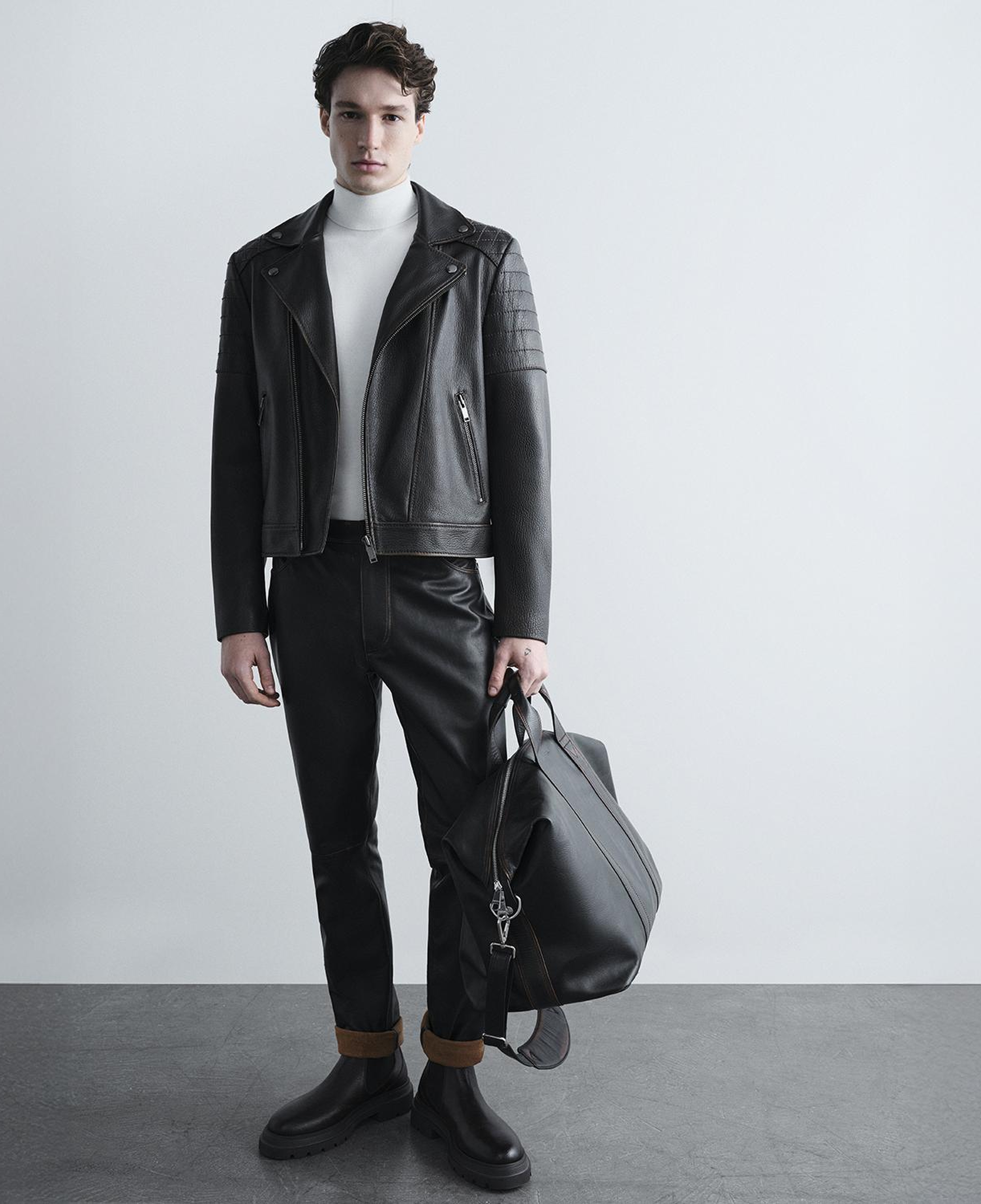 DESA Erkek Koyu Kahve Eskitme Vintage Deri Biker Ceket