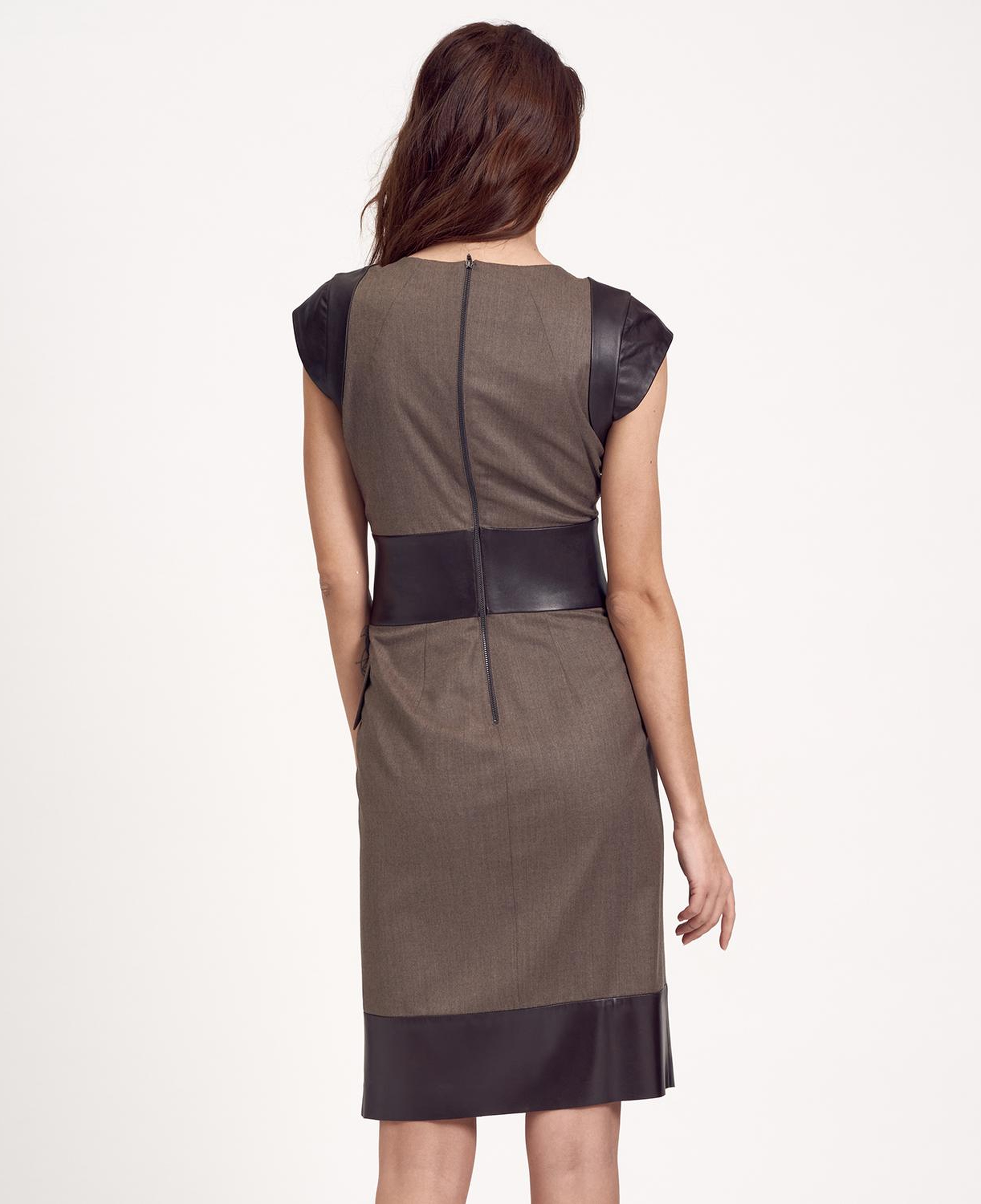Kahve Deri Kombinli Kadın Elbise