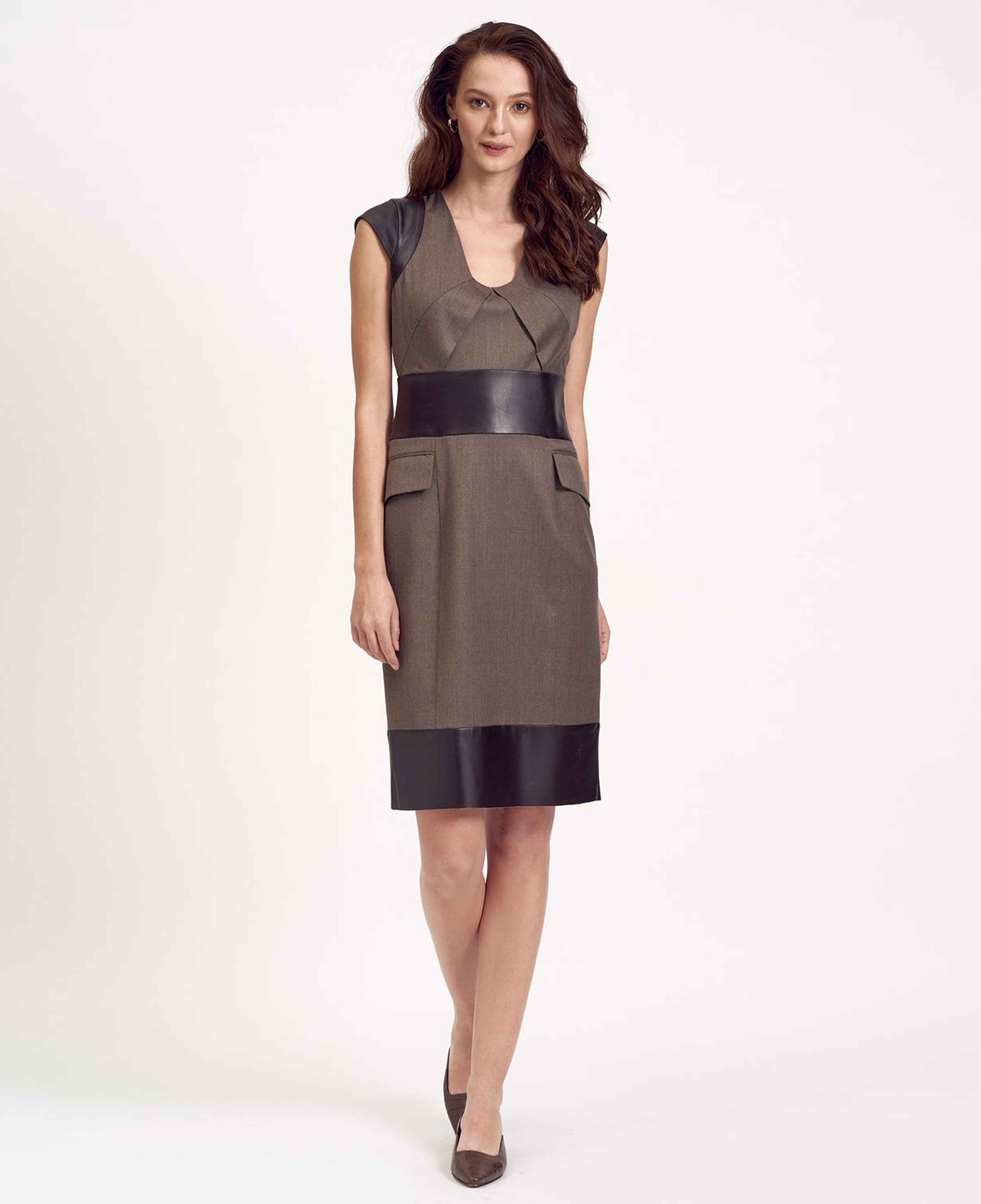 Kahve Deri Kombinli Kadın Elbise