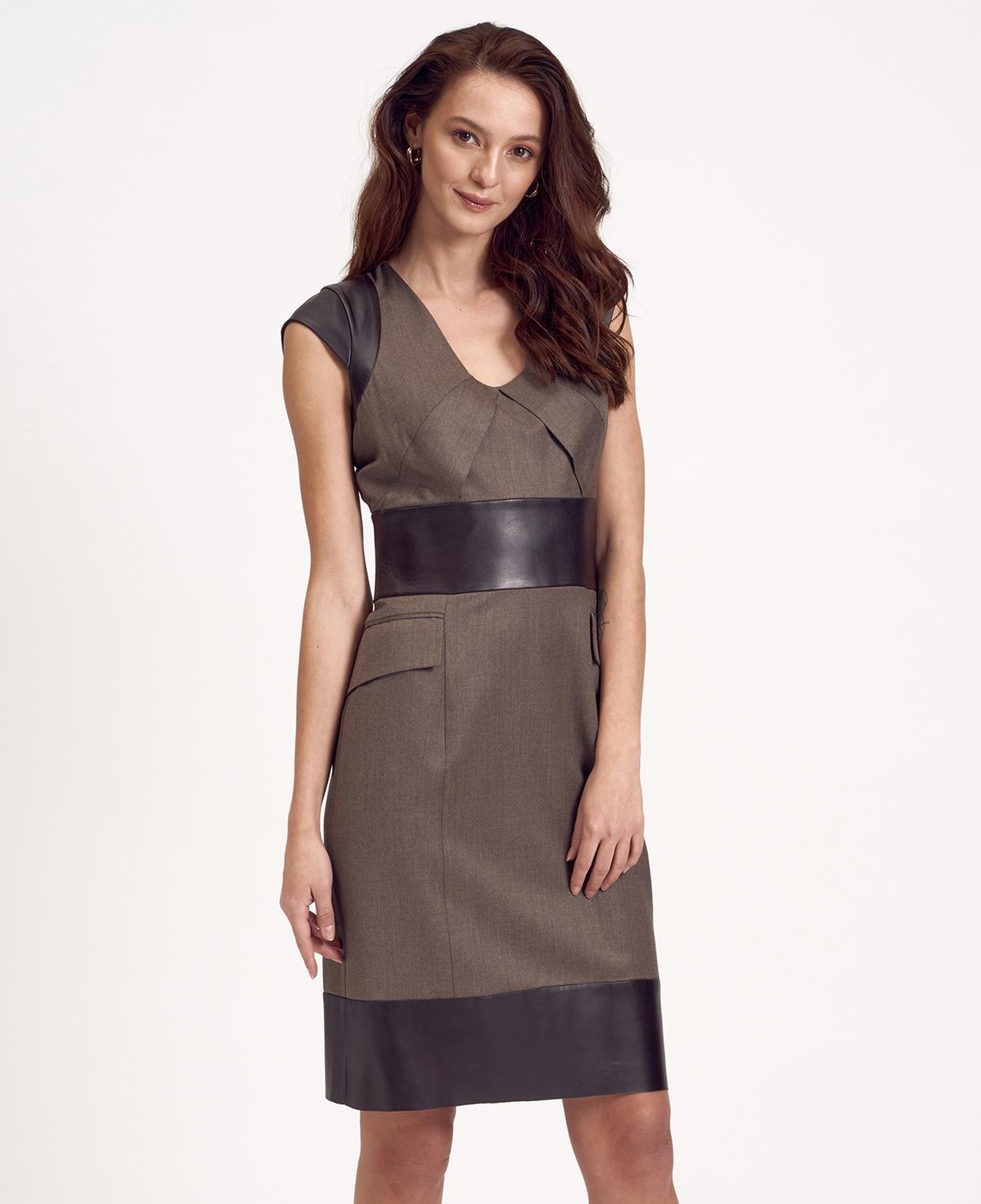 Kahve Deri Kombinli Kadın Elbise